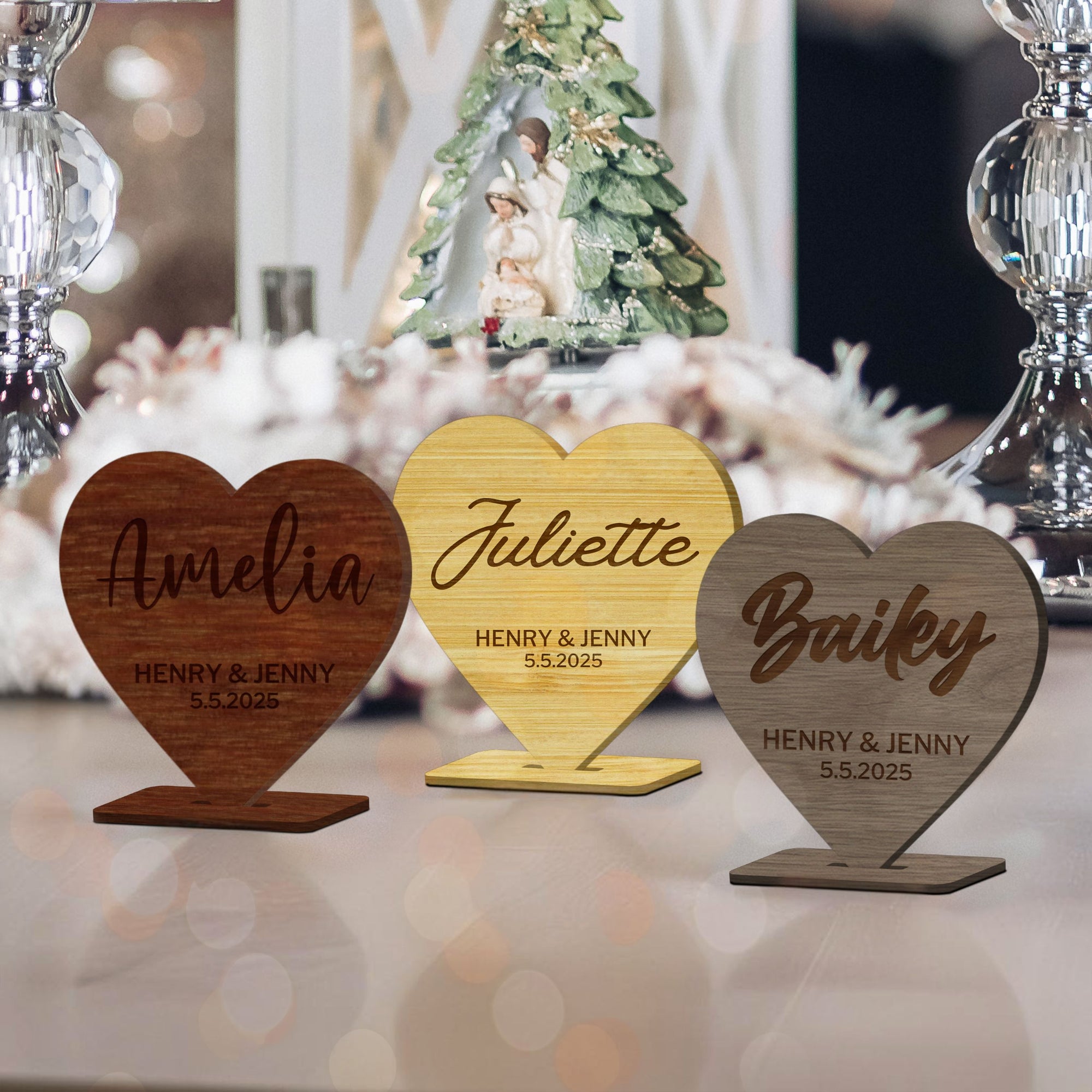Personalised Mirror Acrylic/ Wooden Wedding Heart Name Place Setting, Custom Engraved Table Place Card Party Favour Thank you Gift Tag Decor