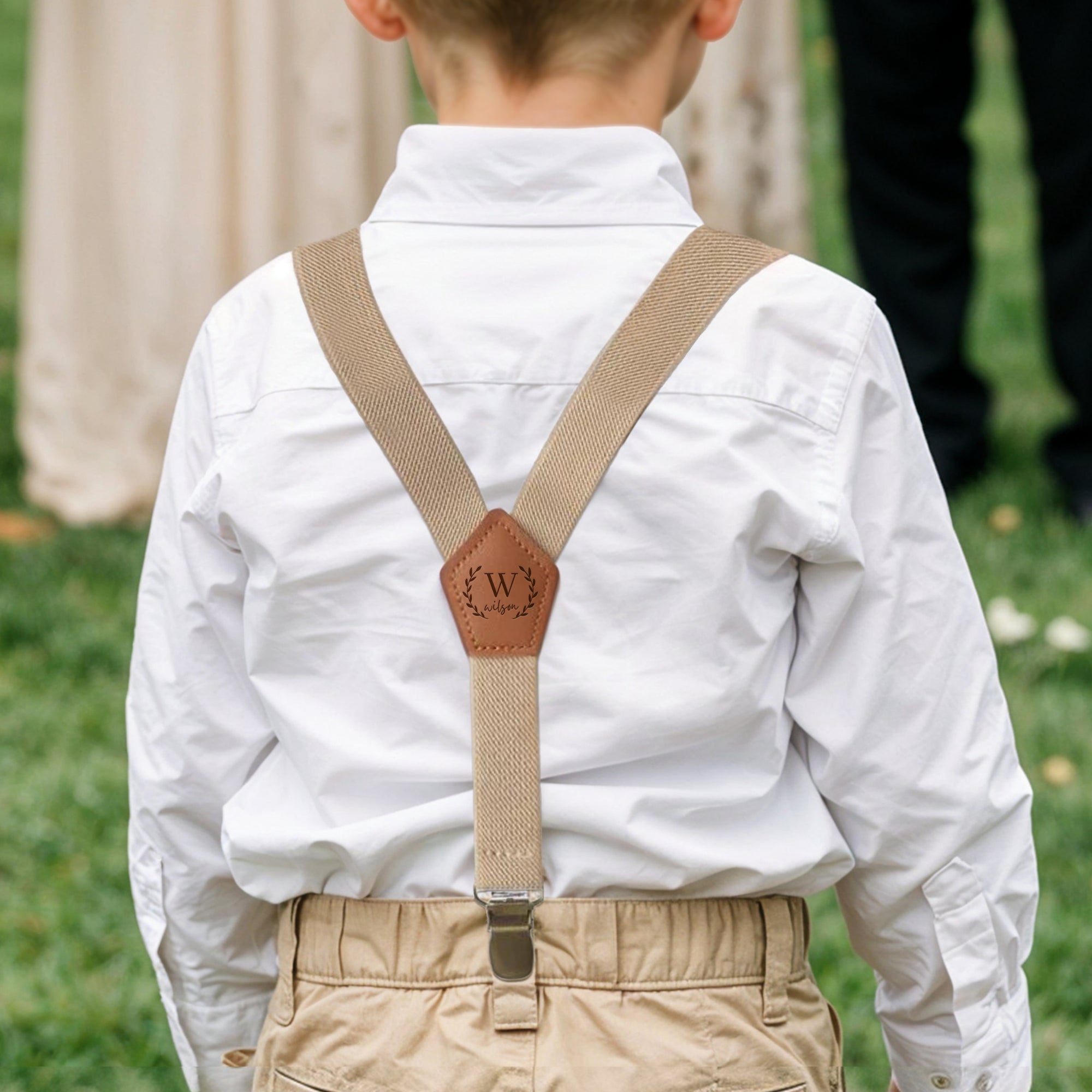 Personalised Adjustable Kid Suspender Clips, Engraved Elastic Shoulder Leather Strap, Page Boy Y- Back 3 Clips Belt Accessories Wedding Gift