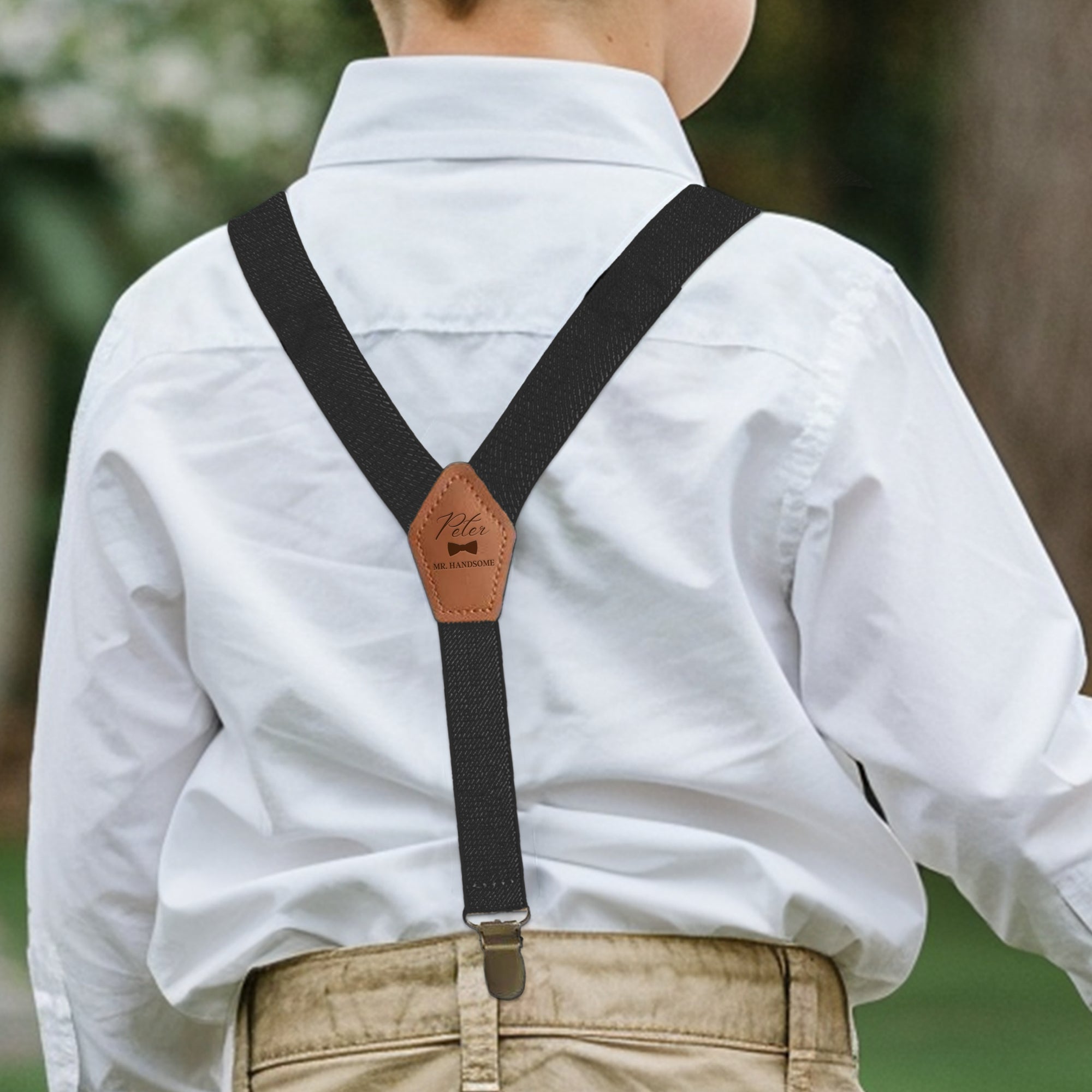 Personalised Adjustable Kid Suspender Clips, Engraved Elastic Shoulder Leather Strap, Page Boy Y- Back 3 Clips Belt Accessories Wedding Gift