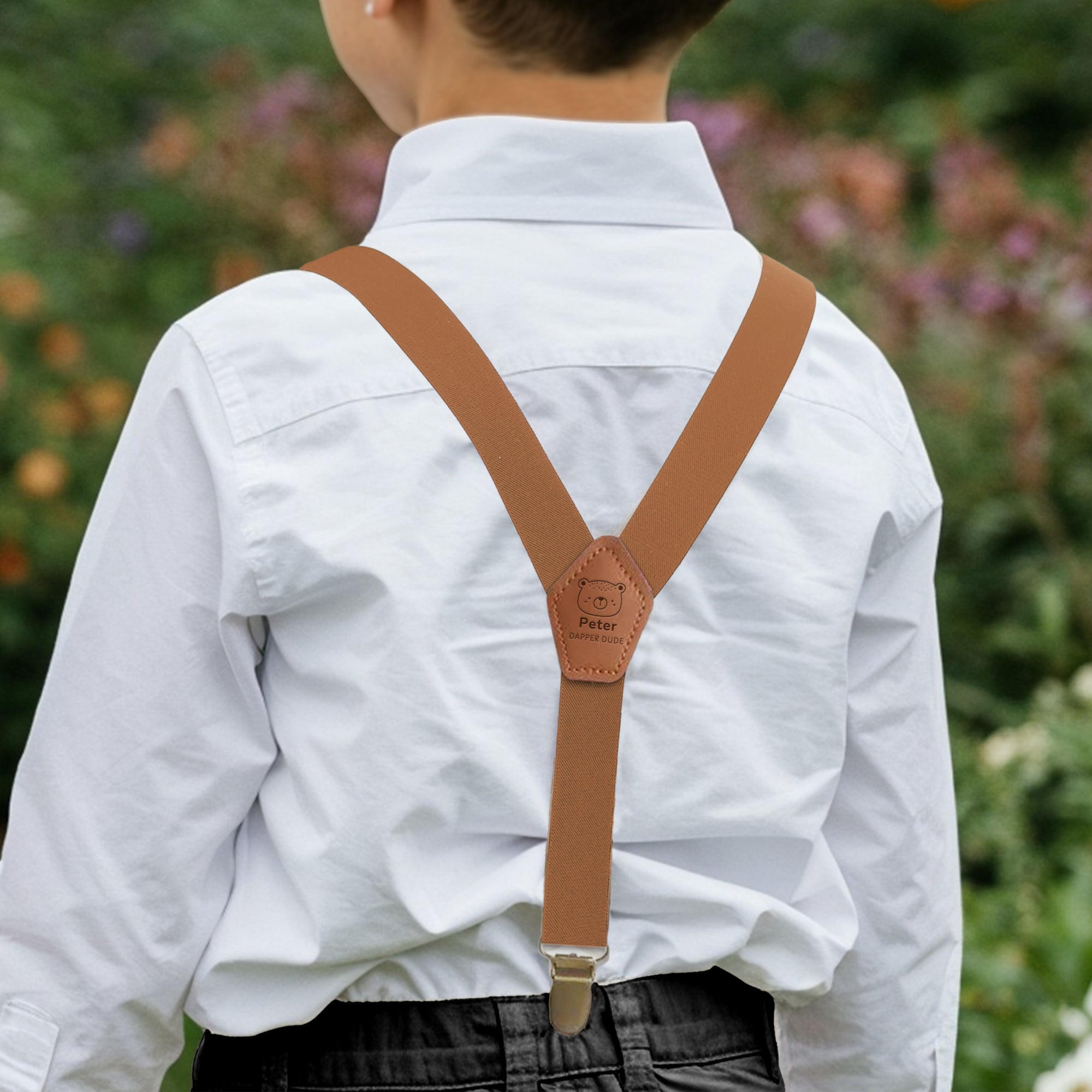 Personalised Adjustable Kid Suspender Clips, Engraved Elastic Shoulder Leather Strap, Page Boy Y- Back 3 Clips Belt Accessories Wedding Gift