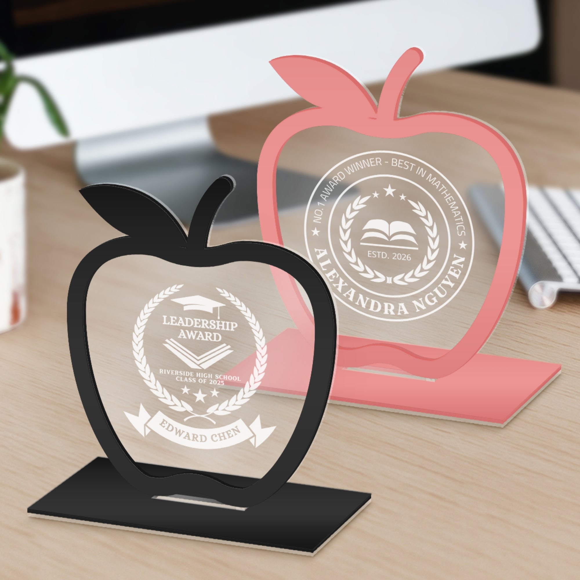 Personalised Apple Award Plaque/ Custom 3D Engraved Acrylic School Graduate Teacher Trophy, Sport Coach, Mentor Keepsake Xmas Corporate Gift