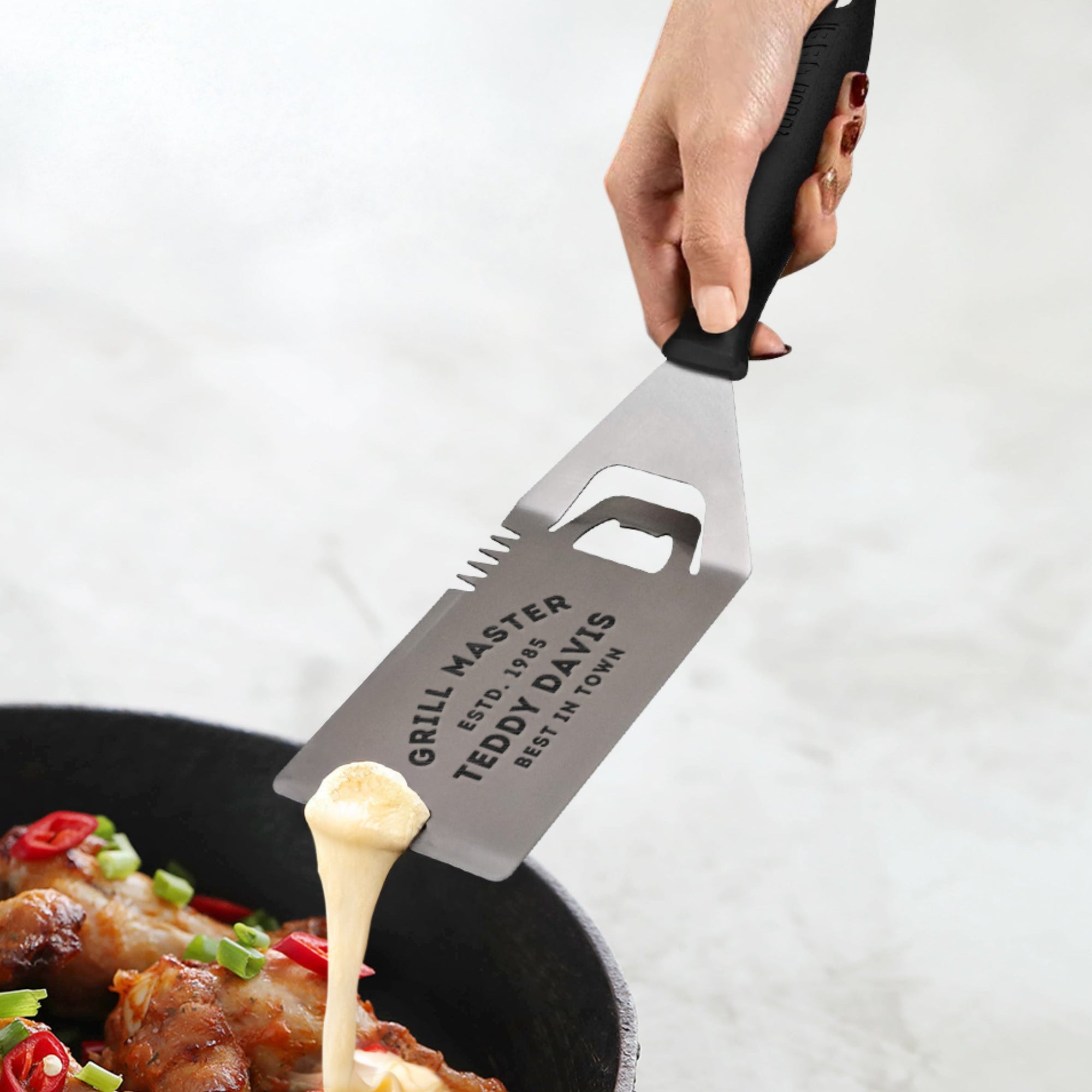 Personalised Steel BBQ Spatula with Bottle Opener & Prongs, Custom Engraved Barbecue Grill Tool, Dad, Groomsman Housewarming, Corporate Gift