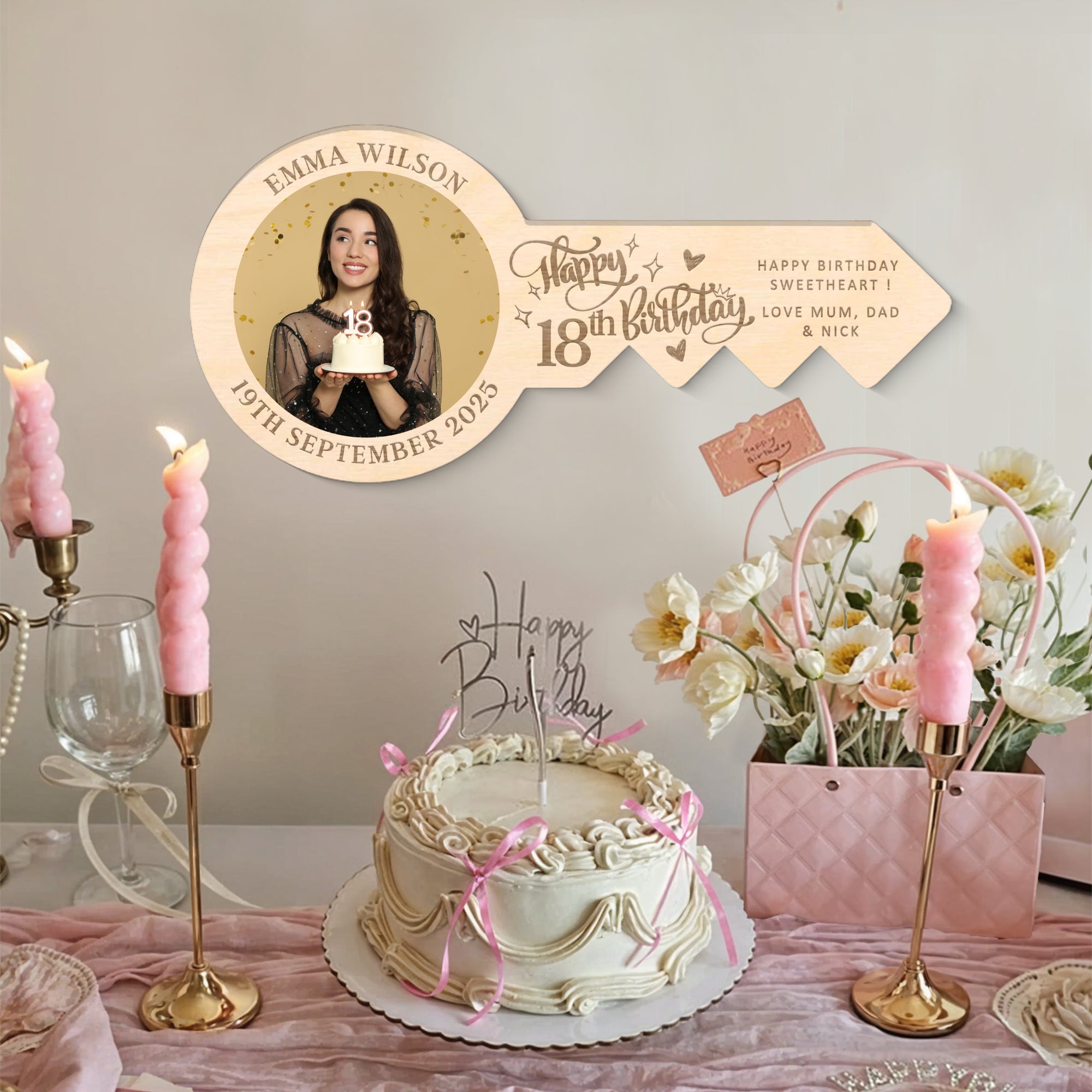Personalised Key Birthday Signing Photo Wooden Board, Custom Engraved Name, Date Guest Book Alternative, Party Decor, Laser Cut & Print Sign