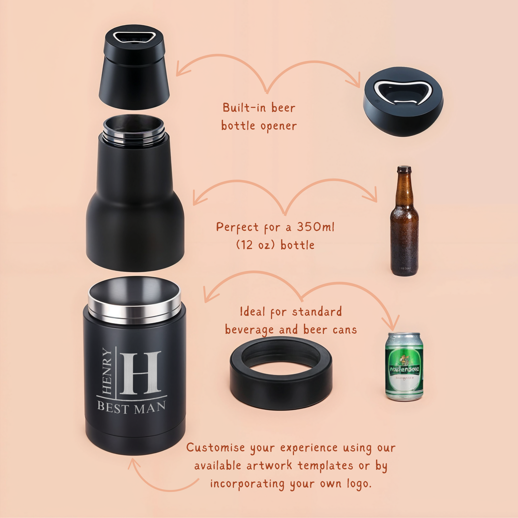 Personalised Detachable 3-in-1 Insulated Can Cooler, Custom Engraved Logo Double Steel Beer Bottle Opener Stubby Holder, Dad Groomsmen Gift