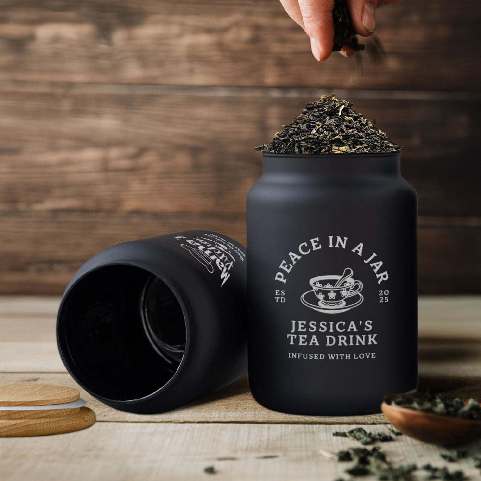 Personalised Black Glass Jar & Wooden Lid, Custom Etched Logo Jar, Coffee, Tea Storage, Cookie Lollies Canister, Housewarming, Mom Xmas Gift