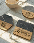 Personalised Black Marble Acacia Wooden Coaster, Custom Engraved Logo Family Drink Mat Set, Wedding, Birthday, Housewarming, Corporate Gift