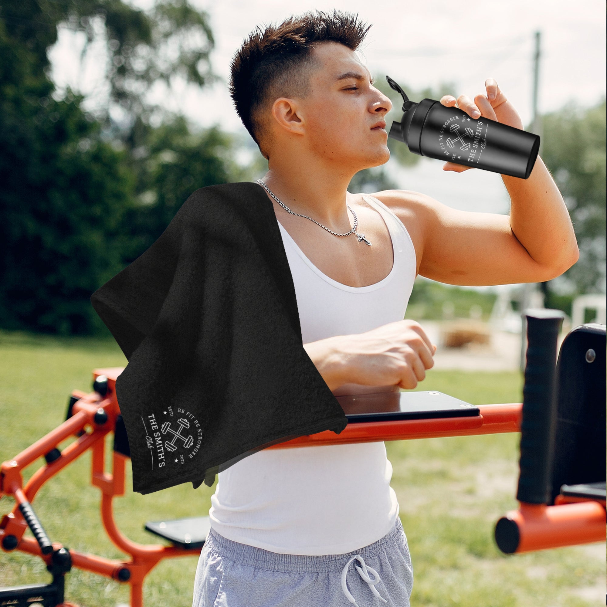 Personalised 25oz Black Metal Protein Shaker & Embroidery Gym Towel Set, Custom Name Logo Fitness, Travel, Sport, Birthday, Corporate Gift