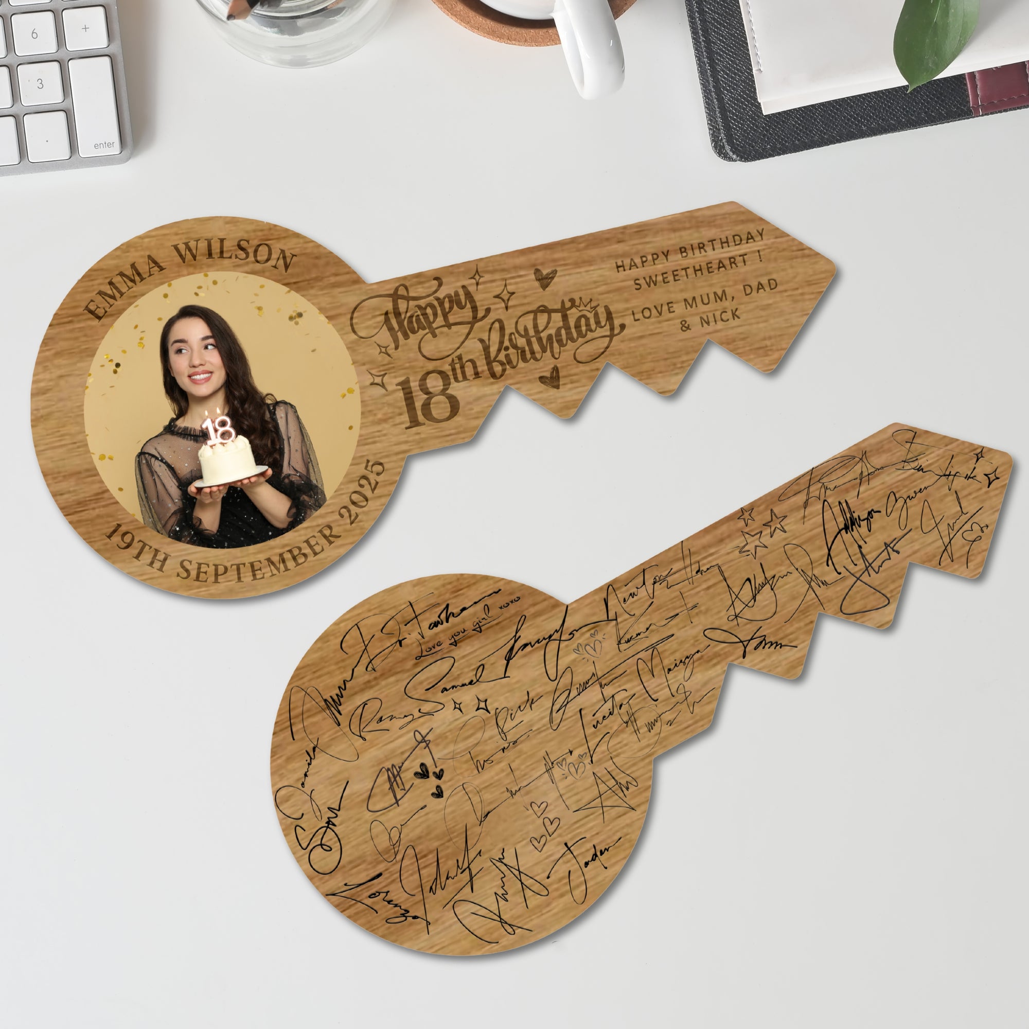 Personalised Key Birthday Signing Photo Wooden Board, Custom Engraved Name, Date Guest Book Alternative, Party Decor, Laser Cut & Print Sign