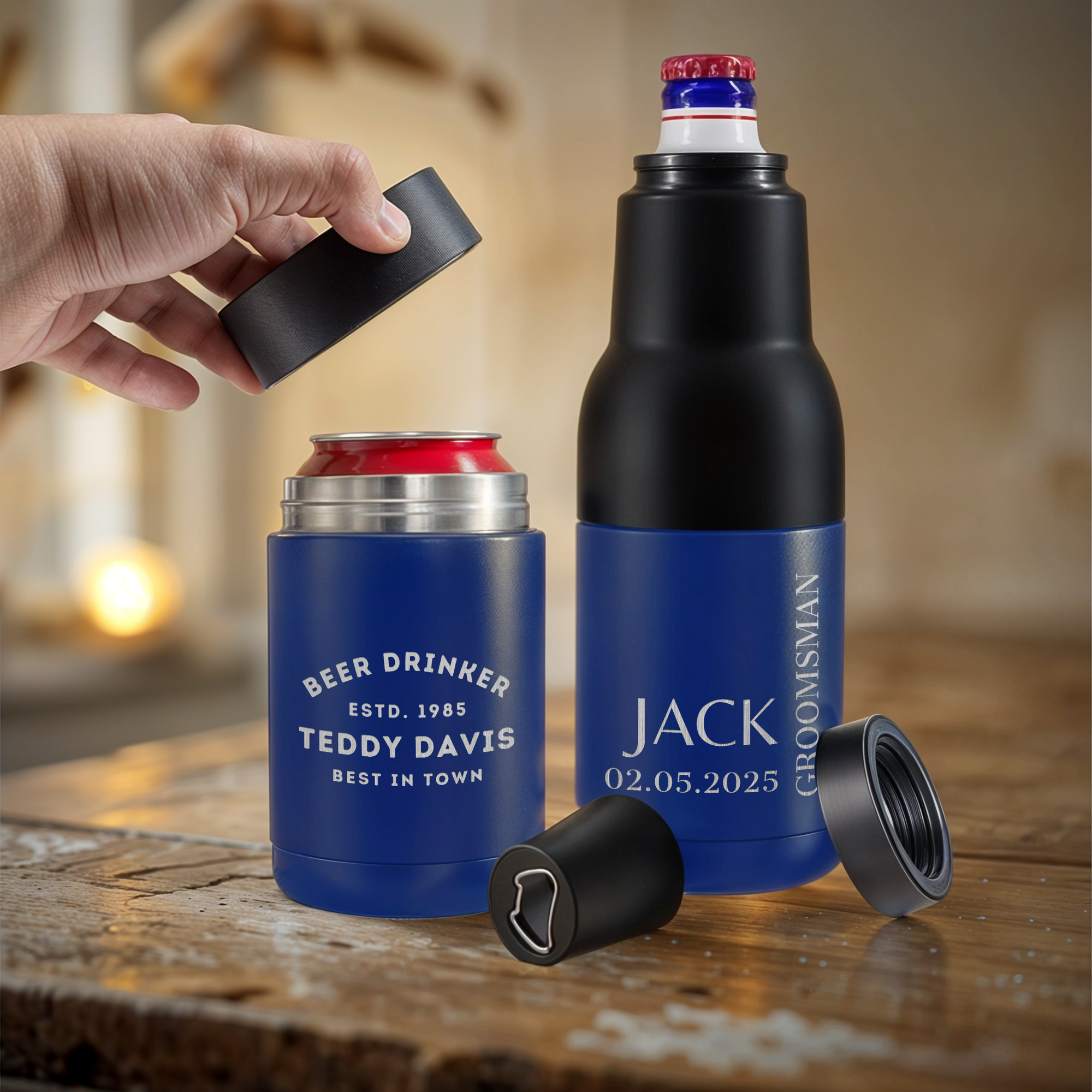 Personalised Detachable 3-in-1 Insulated Can Cooler, Custom Engraved Logo Double Steel Beer Bottle Opener Stubby Holder, Dad Groomsmen Gift