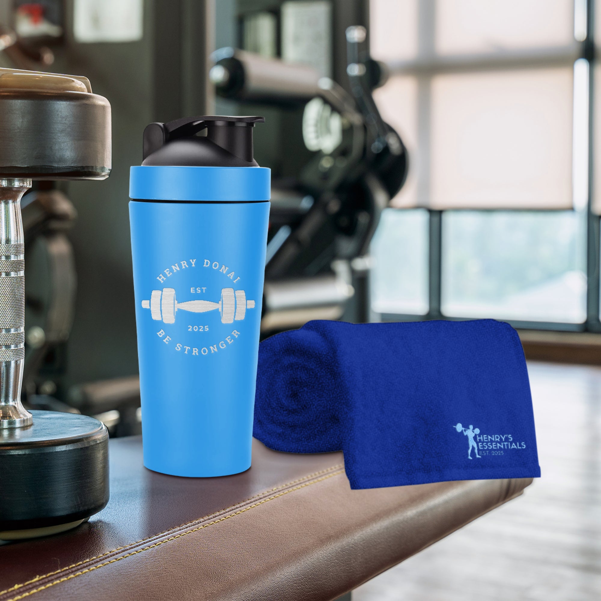 Personalised 25oz Blue Metal Protein Shaker & Embroidery Gym Towel Set, Custom Name Logo Fitness, Travel, Sport, Birthday, Corporate Gift