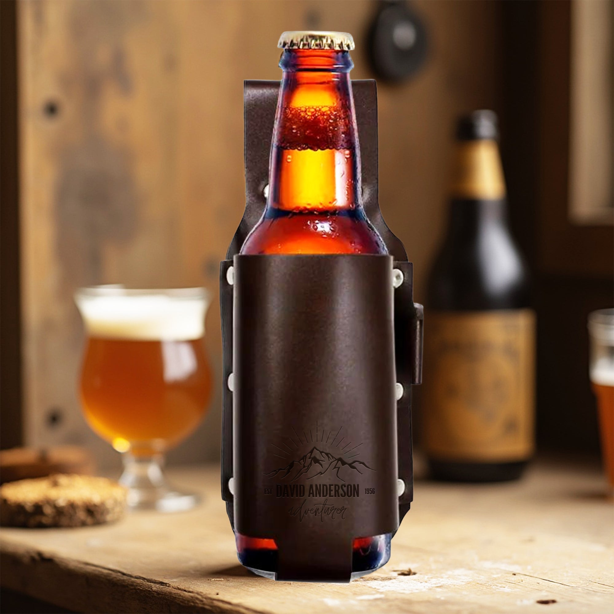 Personalised Leatherette Insulated Beer Stubby Holster, Custom Engraved Name Bottle Cooler Belt Holder, Wedding Groomsmen, Father's Day Gift