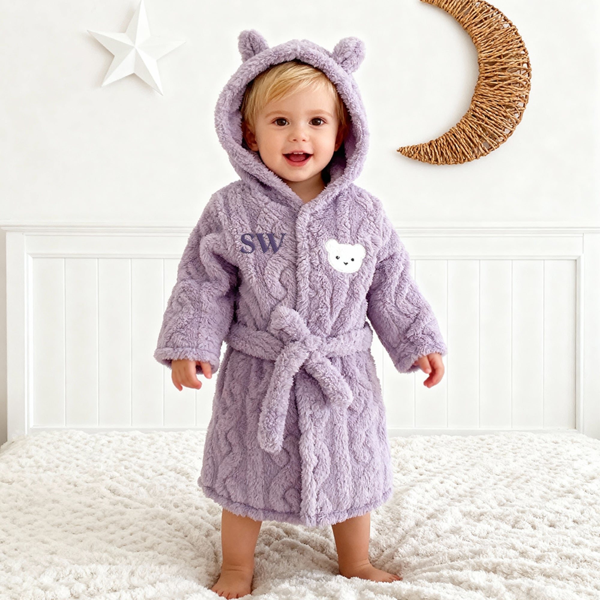 Personalised Cable Knit Kid Bathrobe, Custom Name Embroidered Baby Dressing Gown, Bear Ear Hooded Baby Robe, Christening Birthday, Xmas Gift