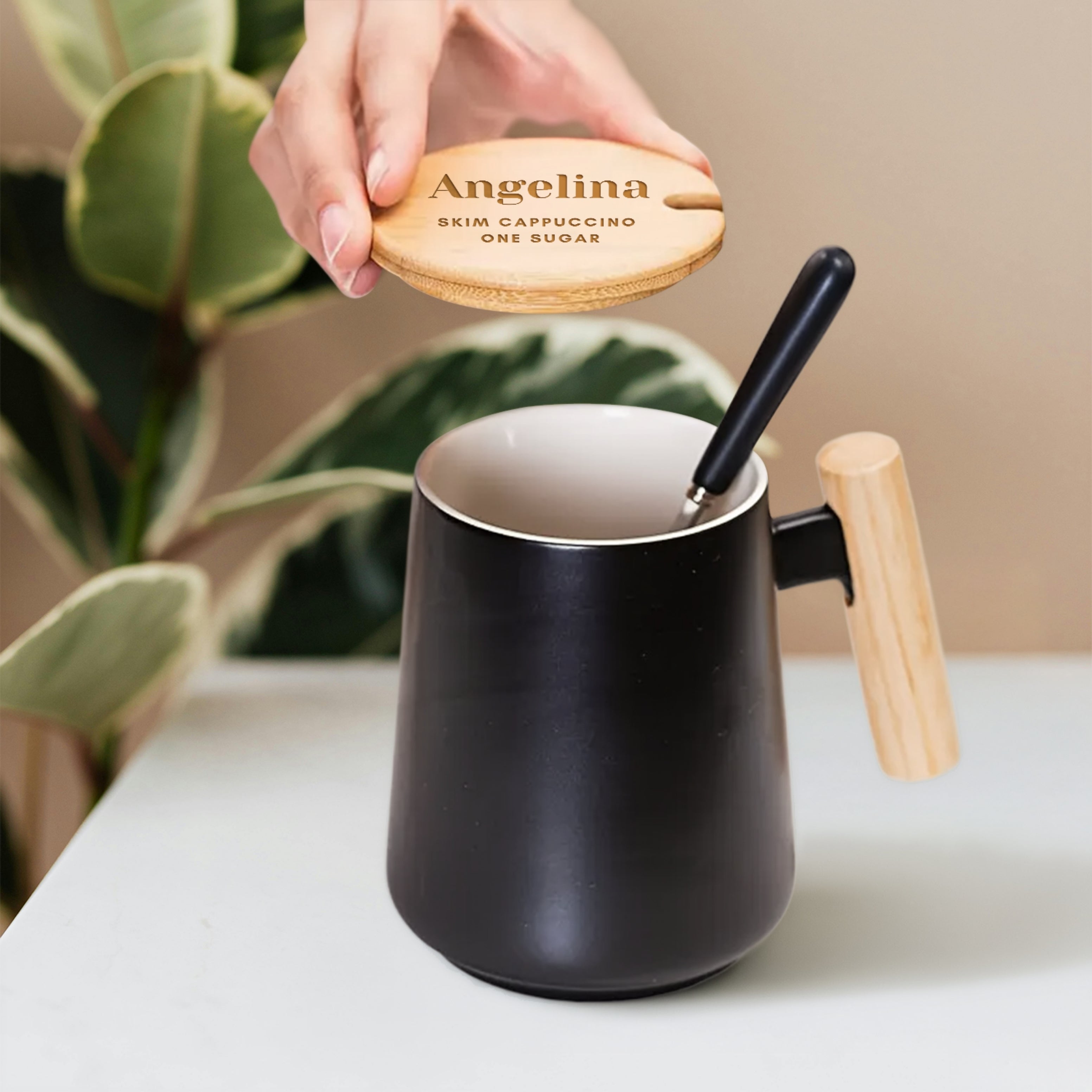 Personalised Ceramic Coffee Tea Mug & Wood Lid, Spoon Set
