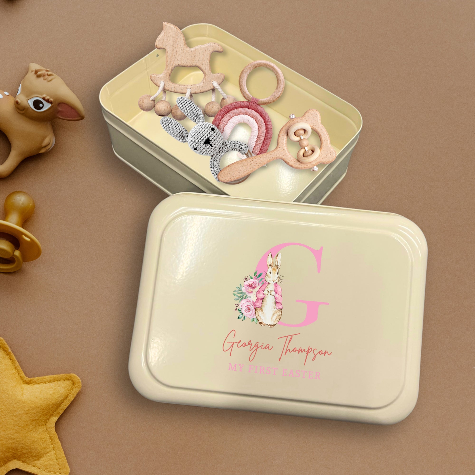 Personalised Kid Easter Tin Keepsake Box, Custom UV Printed Metal Memory Boxes, New Born Baby Baptism Treasure Storage, First Birthday Gift