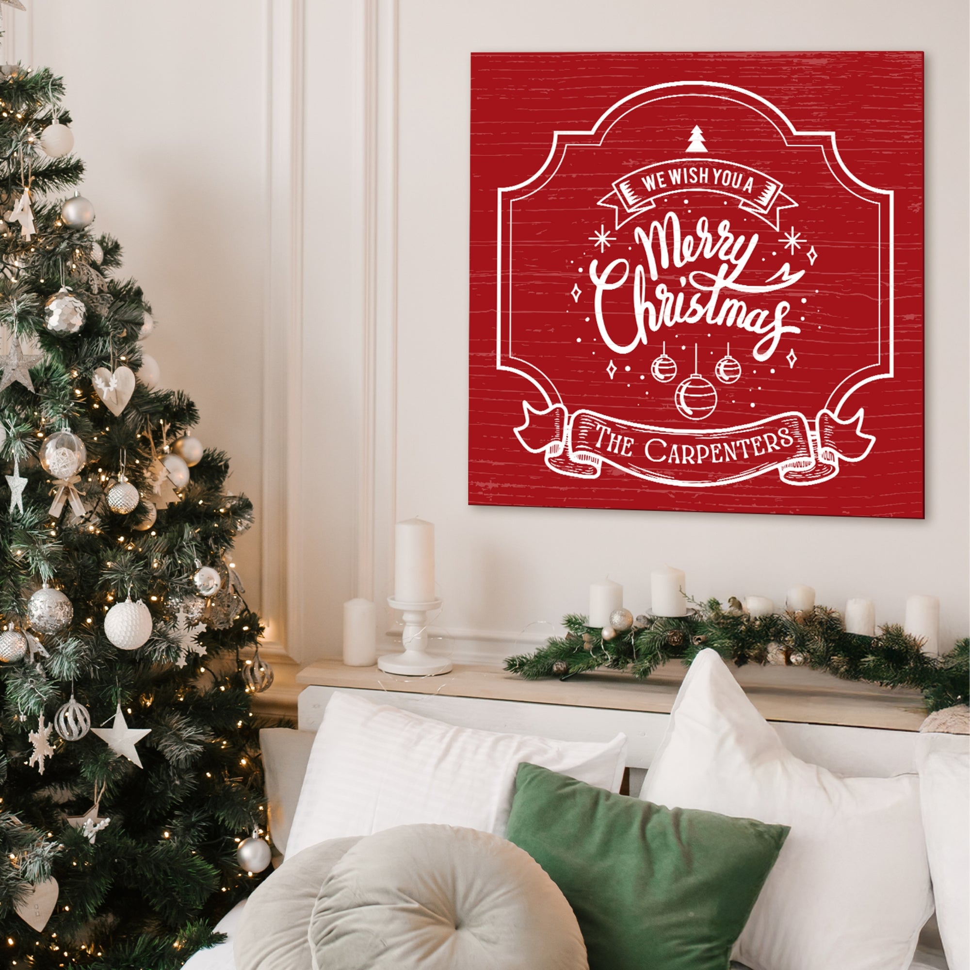 Personalised Christmas Square Sign | Customised UV Printed Wooden Family Name Xmas Wall Decor, New Year Signage, Party Event Hoop Backdrop