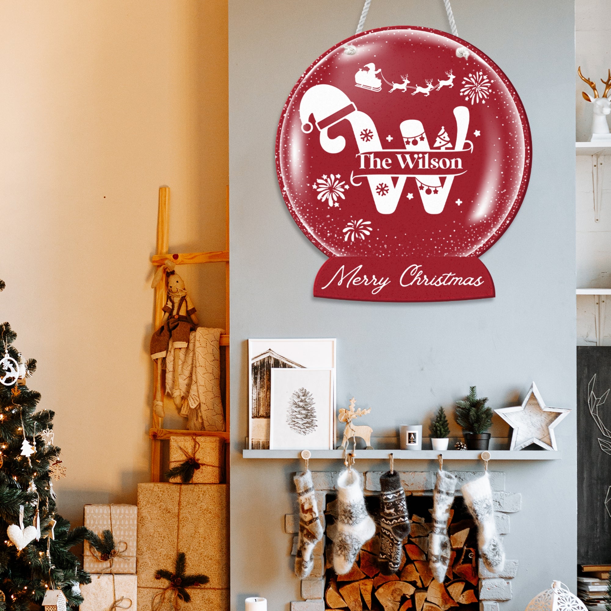 Personalised Christmas Snow Globe Sign, Customised UV Print Acrylic Wooden Family Member Names Decor, Xmas New Year Signage, Party Wall Hoop