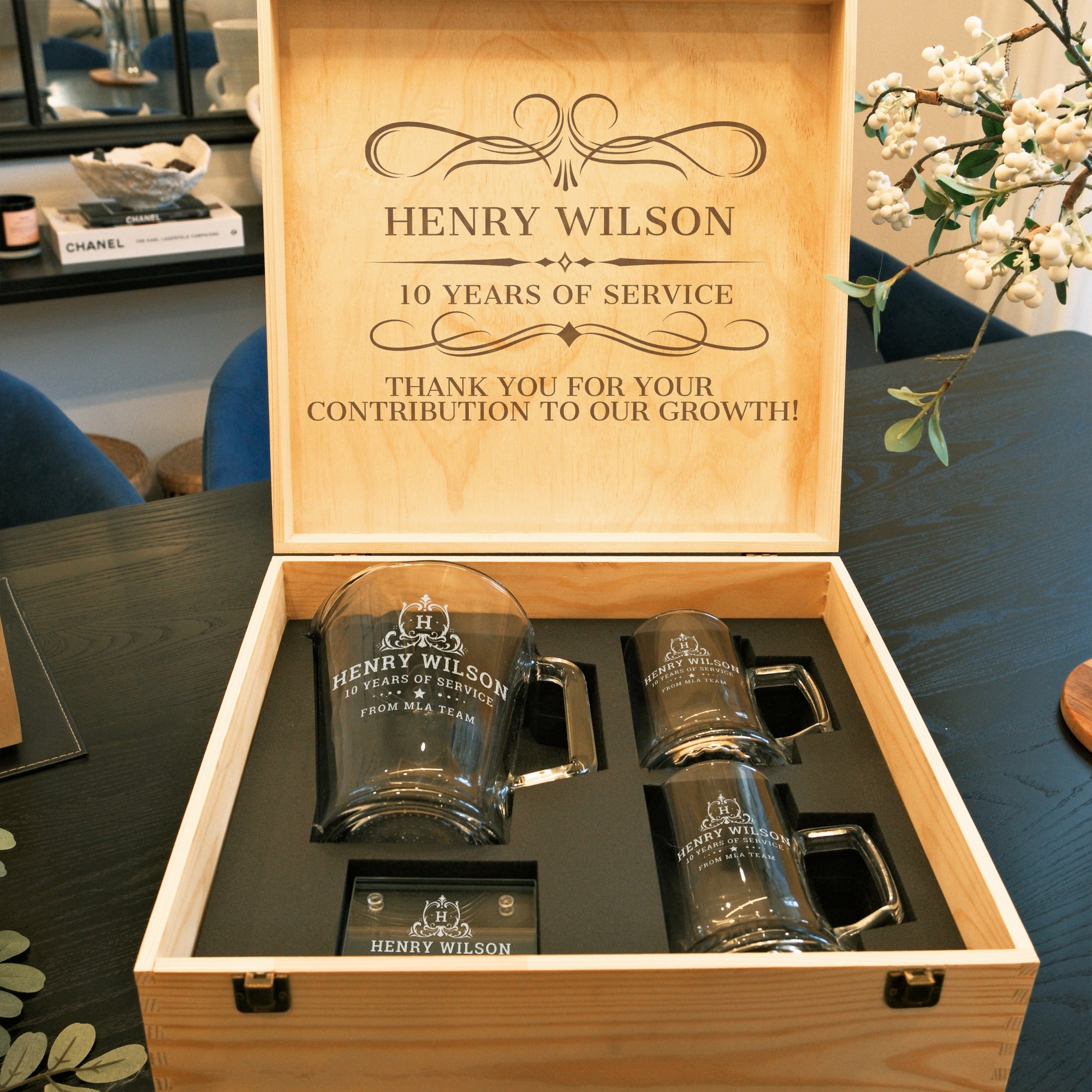 Personalised Crystal Glass Beer Jug Set with 2 Italia Mugs & Coasters in Custom Engraved Logo Wooden Box, Groomsman, Wedding, Corporate Gift