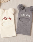 Personalised Embroidery Baby Pom Pom Ear Knitted Beanie & Neck Warmer, Custom Name Newborn Winter Hat, Kid Infant Birthday, Christening Gift