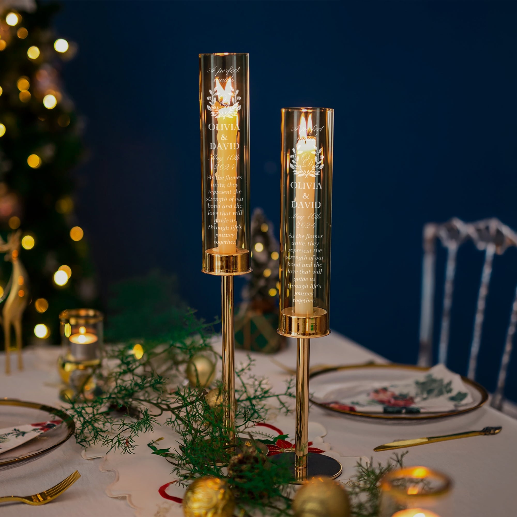 Personalised Engraved Gold Glass Candle Holders Set, Custom Wedding Ceremony Engagement, Party Decor, Christening Baptism Anniversary Gift
