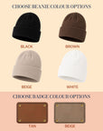 Personalised Engraved Leatherette Patch Baby Knitted Beanie, Custom Name Newborn Winter Hat, Kid Infant Cap, First Birthday Christening Gift