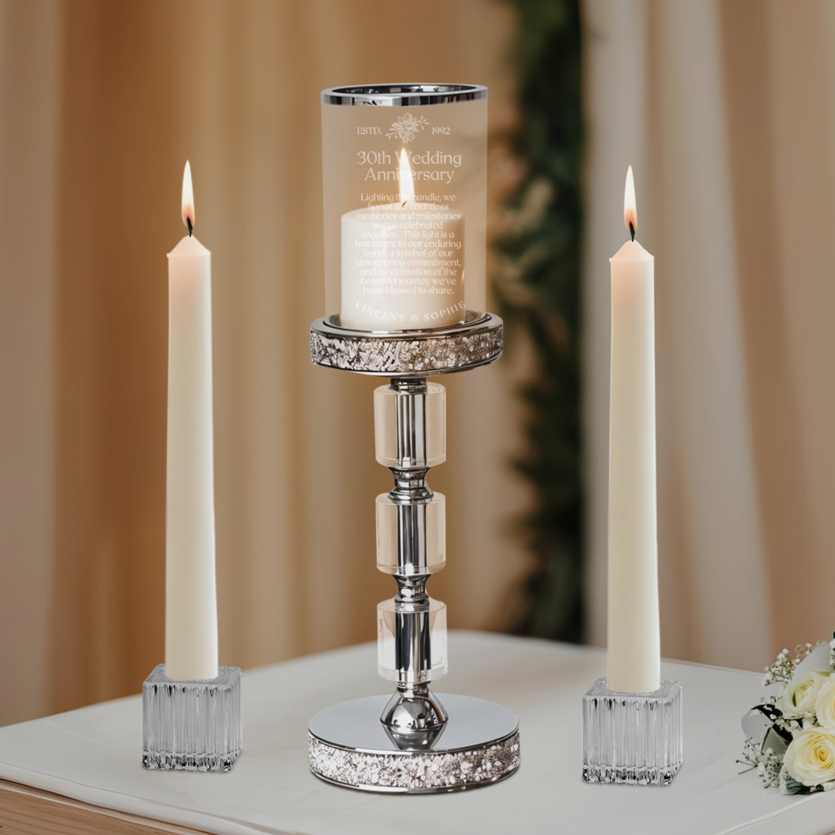 Personalised Engraved Metallic Silver Glass Unity Candles & Holders Set