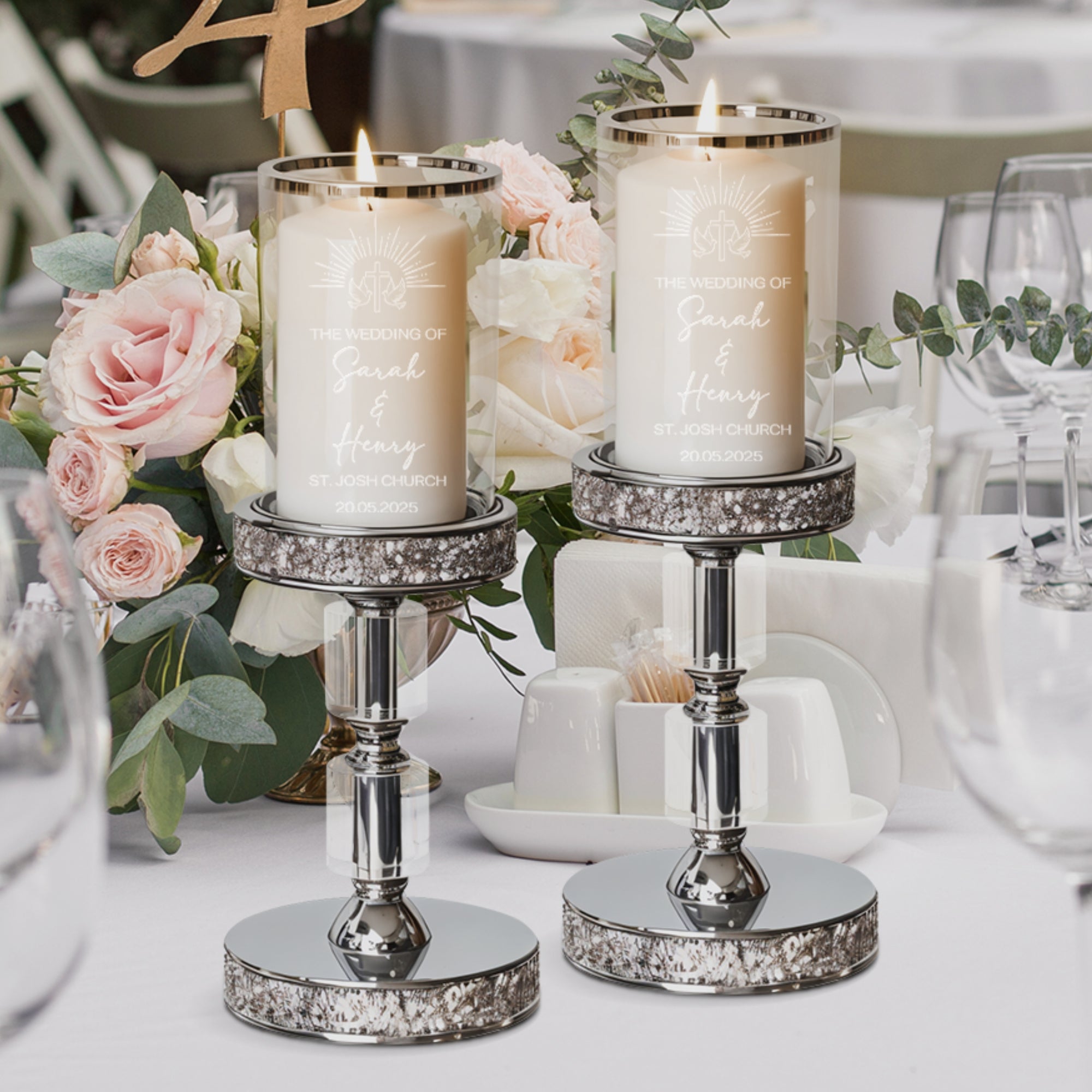 Personalised Engraved Metallic Silver Glass Unity Candles & Holders Set, Custom Wedding Ceremony Engagement Union, Baptism Anniversary Gift