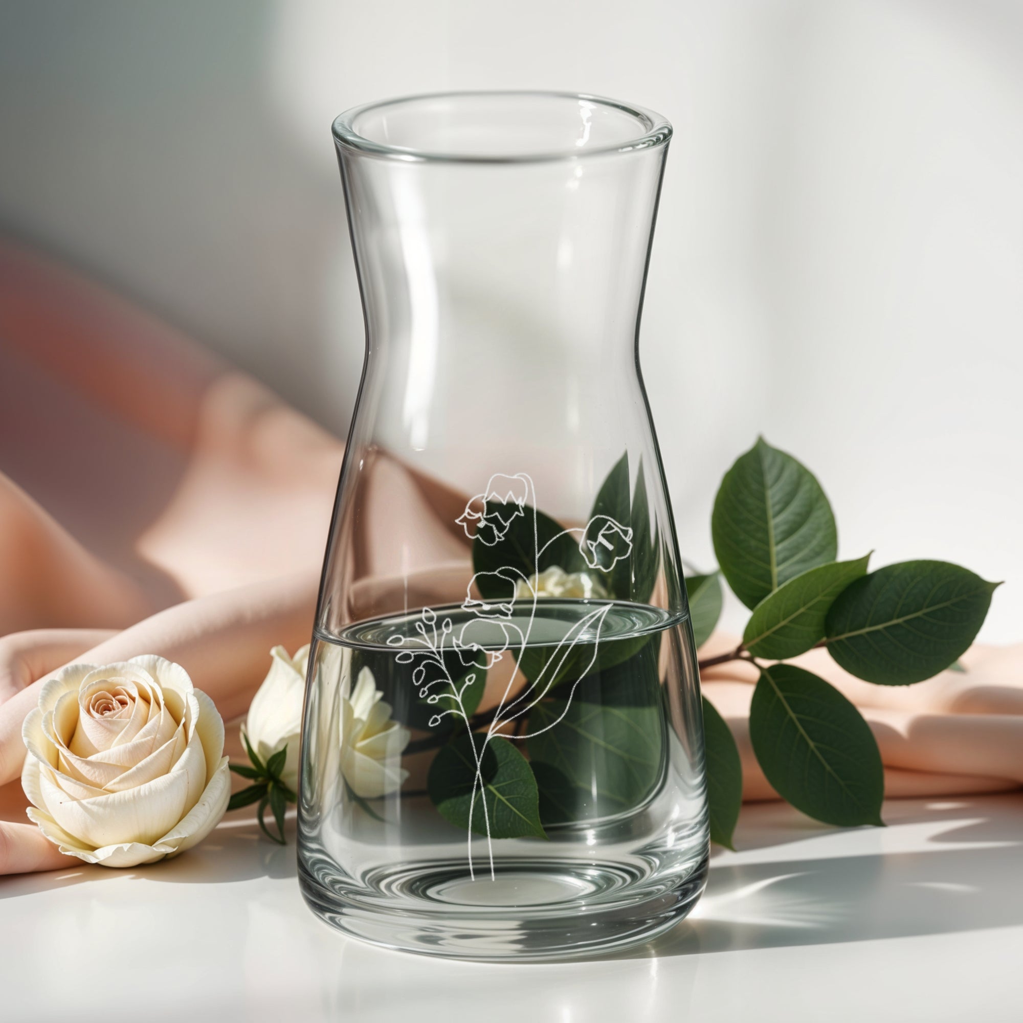 Personalised Etched Birth Flower Glass Carafe Vase, Home Wedding Decor, Bridesmaid Favor, Christening Housewarming Anniversary Birthday Gift