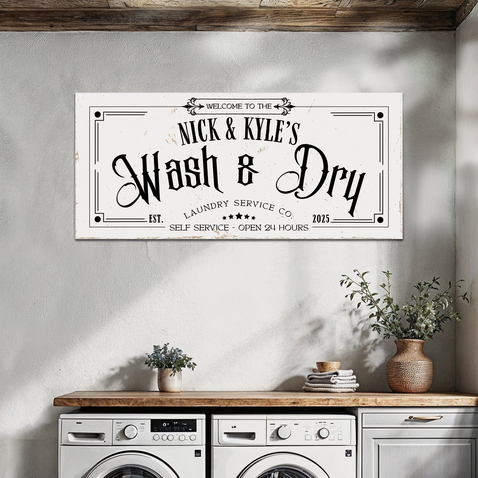 Personalised Family Name Farmhouse Rustic Sign | Custom UV Print Wash & Dry Wooden Frame Wall Decor, Laundry Room Signage, Housewarming Gift