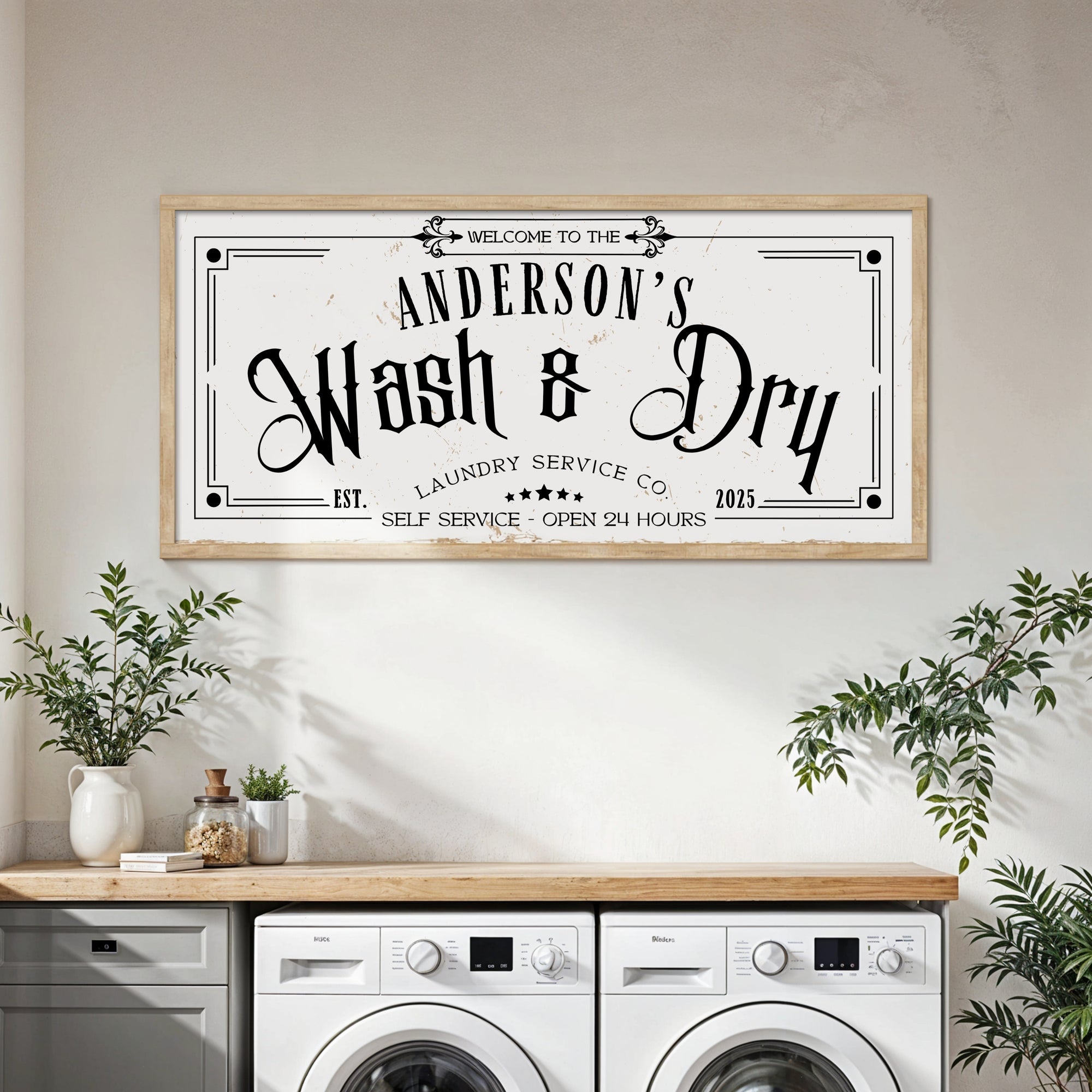 Personalised Family Name Farmhouse Rustic Sign | Custom UV Print Wash & Dry Wooden Frame Wall Decor, Laundry Room Signage, Housewarming Gift