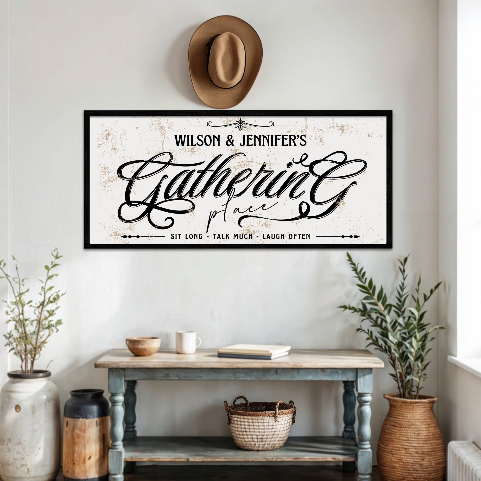 Personalised Family Name Gathering Farmhouse Sign Custom UV Print Wooden Frame Rustic Wall Decor Vintage Homestead Signage Housewarming Gift