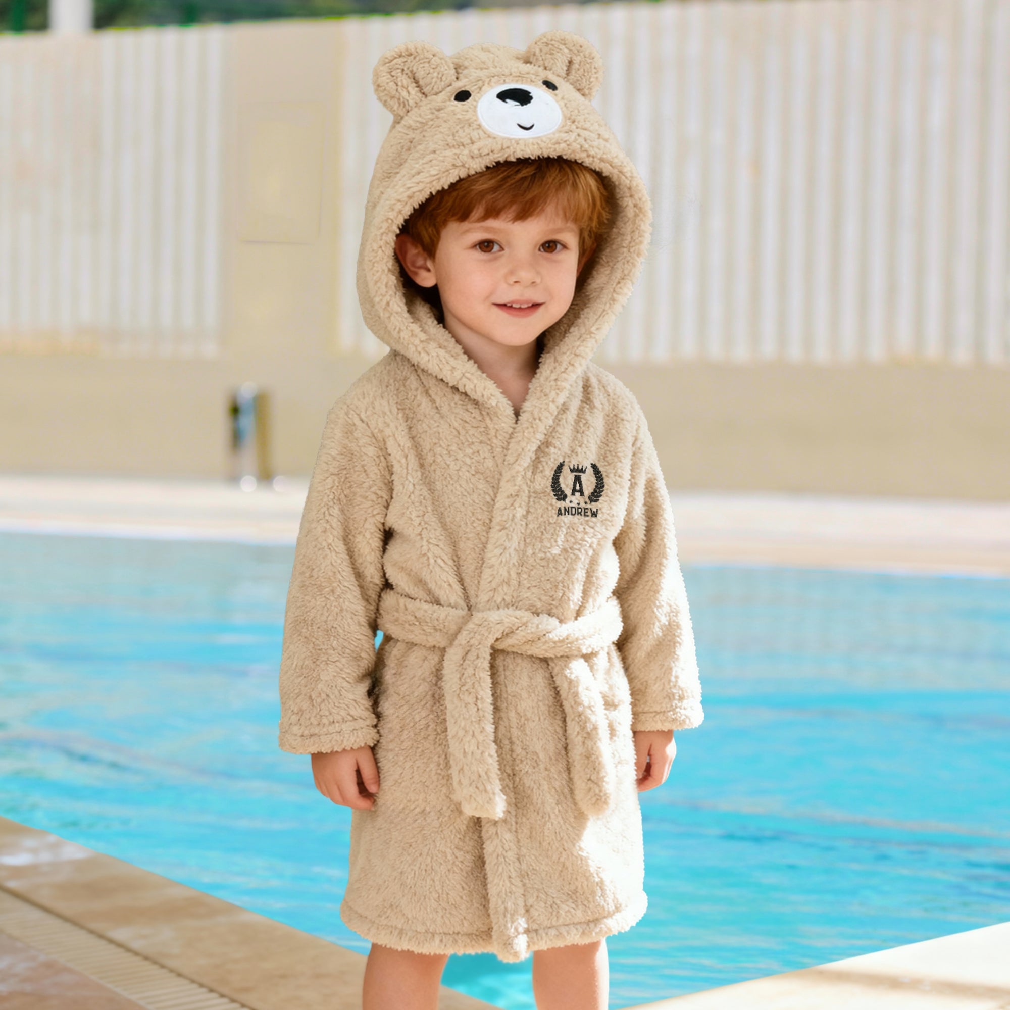 Personalised Fluffy Teddy Kid Bathrobe, Custom Name Embroidered Baby Dressing Gown Bear Ear Hooded Baby Robe, Christening Birthday Xmas Gift