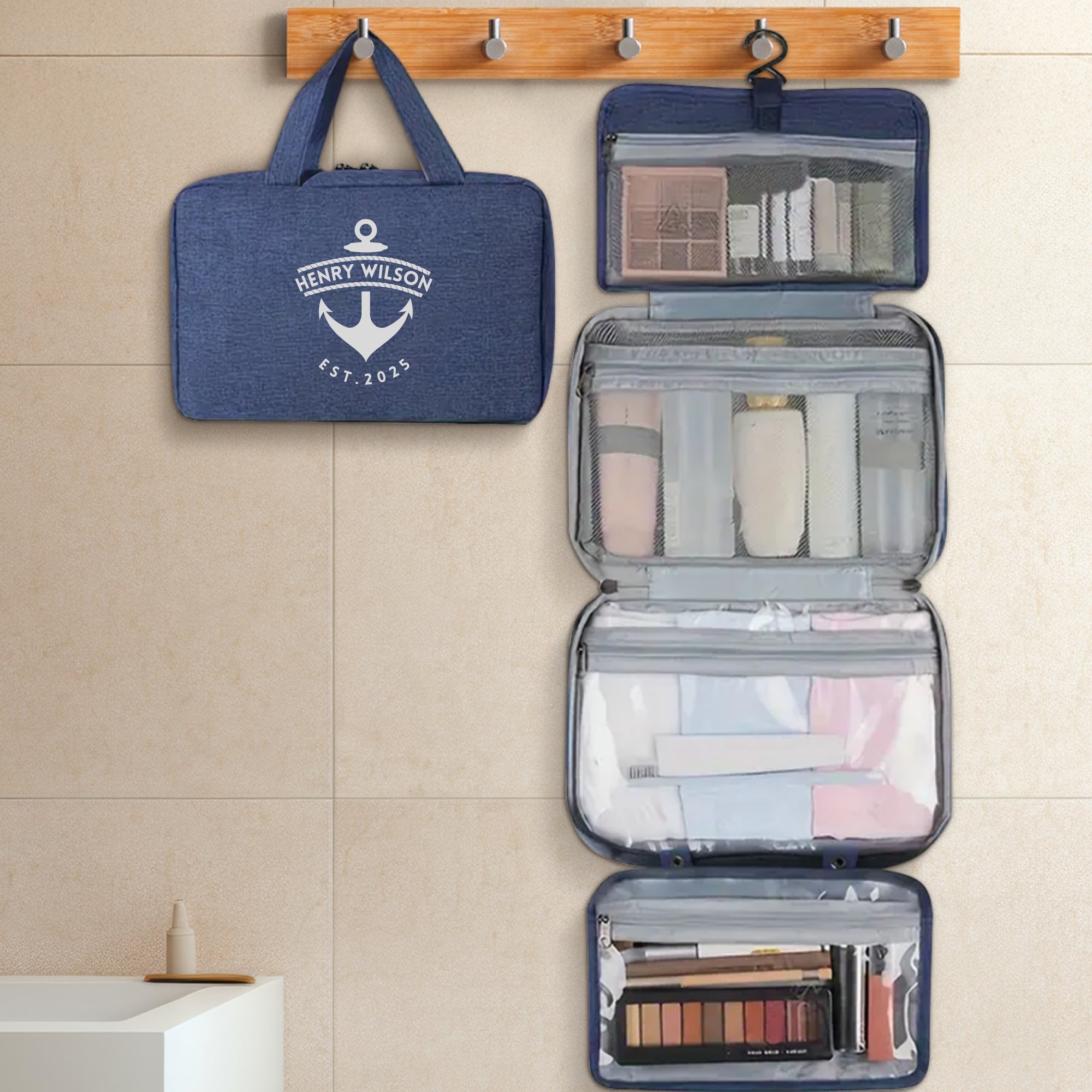 Personalised Foldable Hanging Travel Toiletry Bag, Custom Print Logo Makeup Organiser Cosmetic Storage, Carry Shower Case Him Groomsman Gift