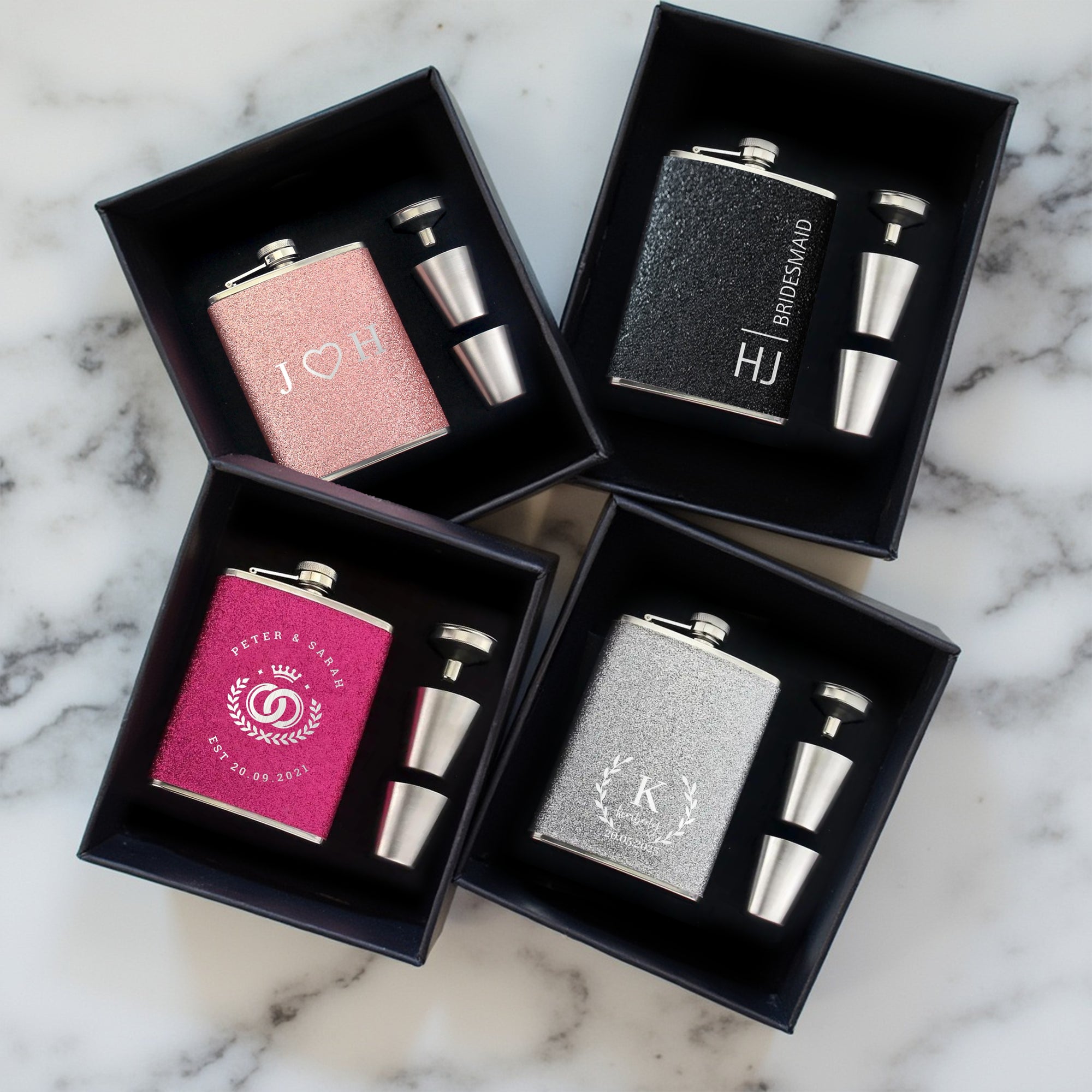 Personalised Glitter Steel 8oz Liquor Hip Flask, Funnel, Shot Glasses Set, Custom Engraved Bridesmaid Wedding Favour, Her Corporate Gift Box