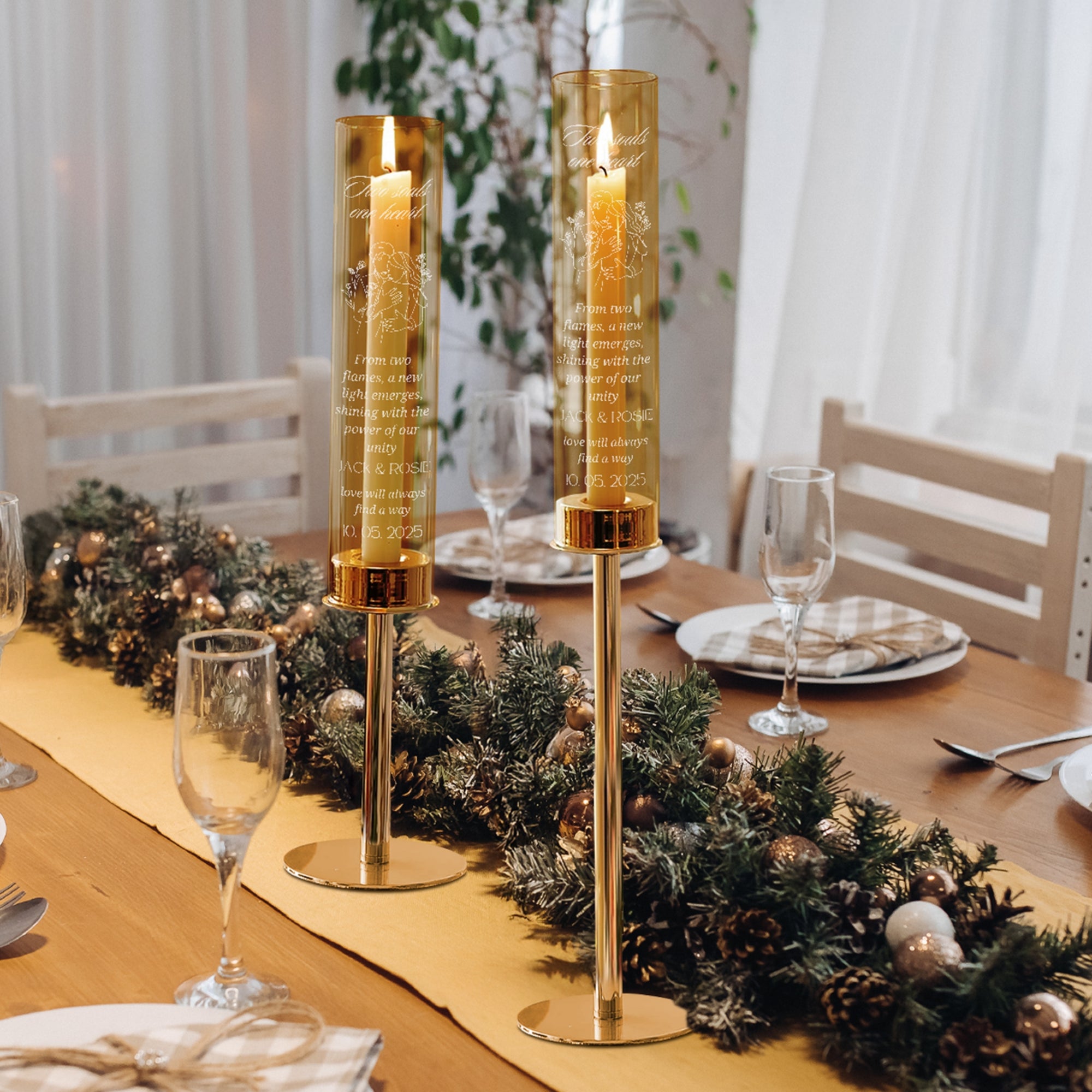 Personalised Engraved Gold Glass Candle Holders Set, Custom Wedding Ceremony Engagement, Party Decor, Christening Baptism Anniversary Gift