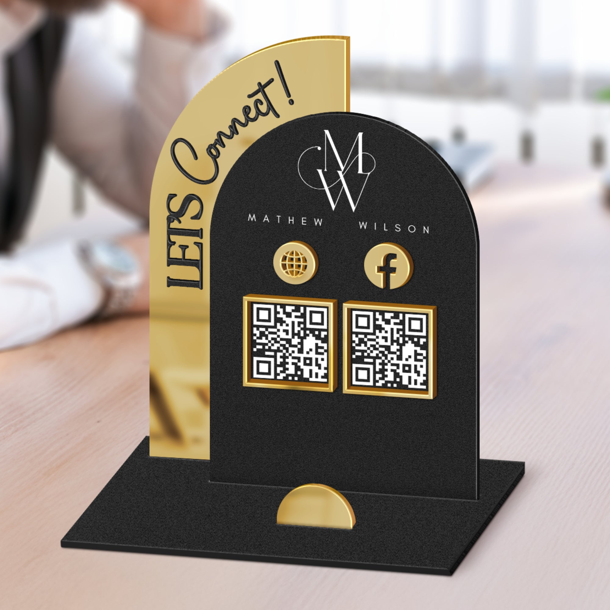 Personalised 3D Raised Acrylic Arch QR Code Social Connect Business Sign & Card Holder, Custom Spa, Beauty, Cafe, Reception Display Signage