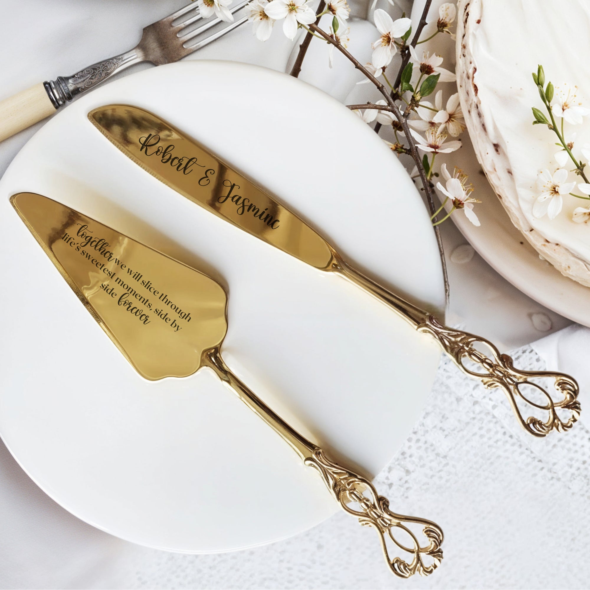 Personalised Gold/ Silver Wedding Plated Cake Serving Set, Custom Engraved Name Date Cutting Pastry Knife & Server Birthday Anniversary Gift