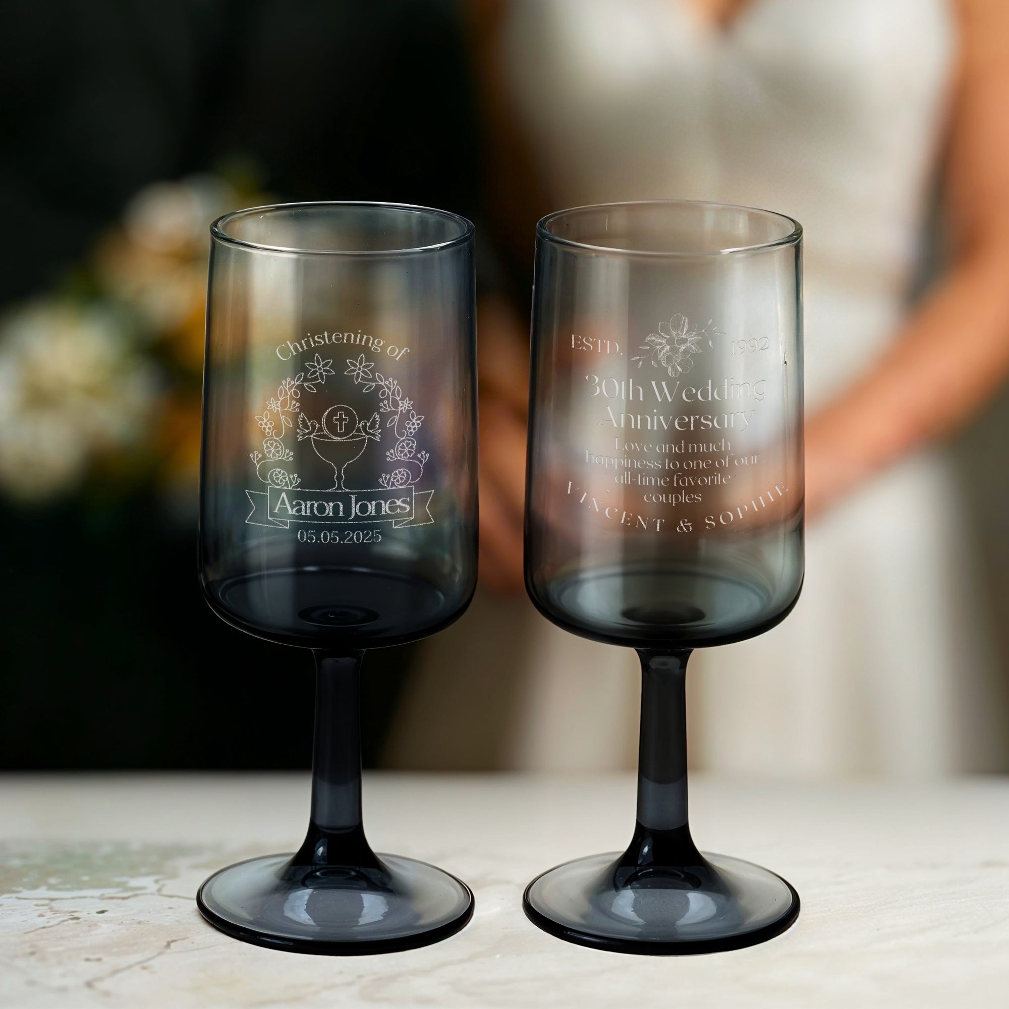 Personalised Grey Wine Glass, Custom Engraved Monogram Beverage Glassware, Logo Barware, Housewarming Birthday Corporate Gift, Wedding Favor