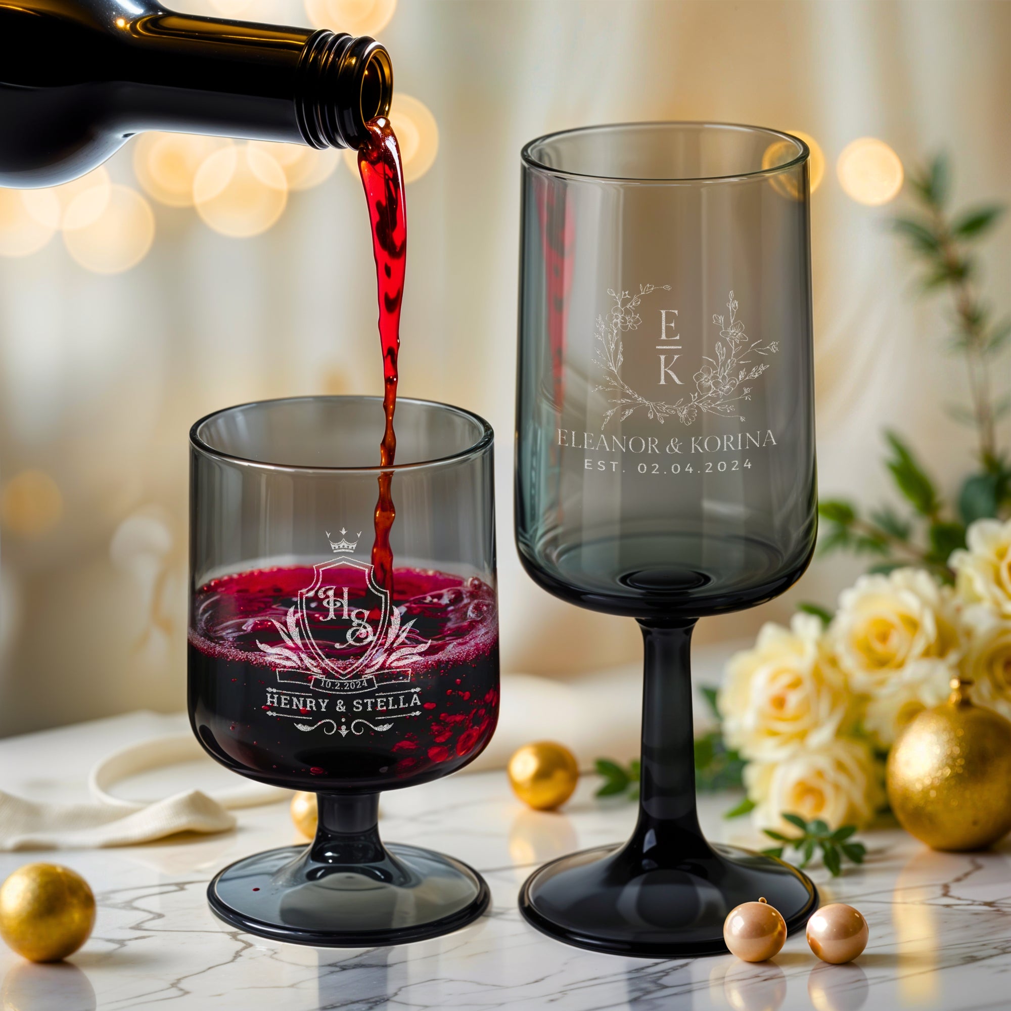 Personalised Grey Wine Glass, Custom Engraved Monogram Beverage Glassware, Logo Barware, Housewarming Birthday Corporate Gift, Wedding Favor