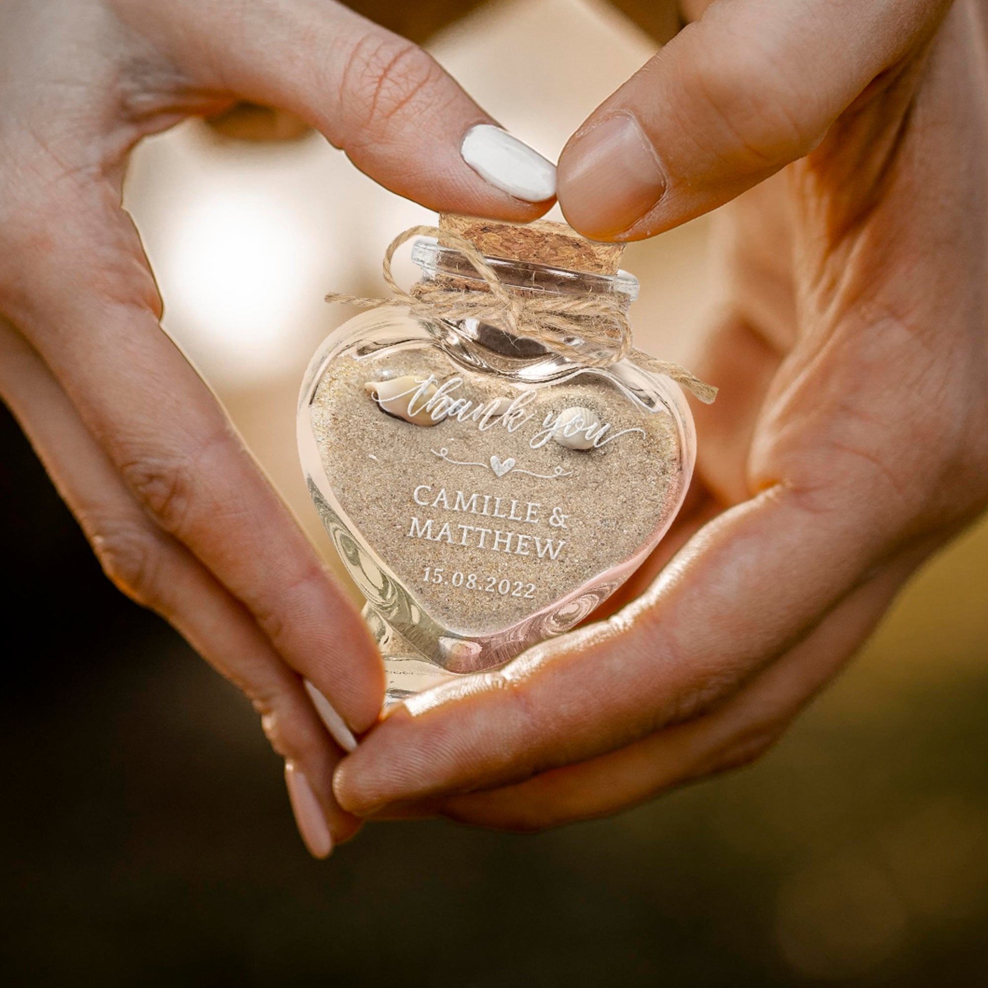 Personalised Heart Glass Jar, Custom Engraved Baptism, Honeymoon Sand Keepsake, Wedding Favour, Treats/ Seashells Container, Thank You Gift