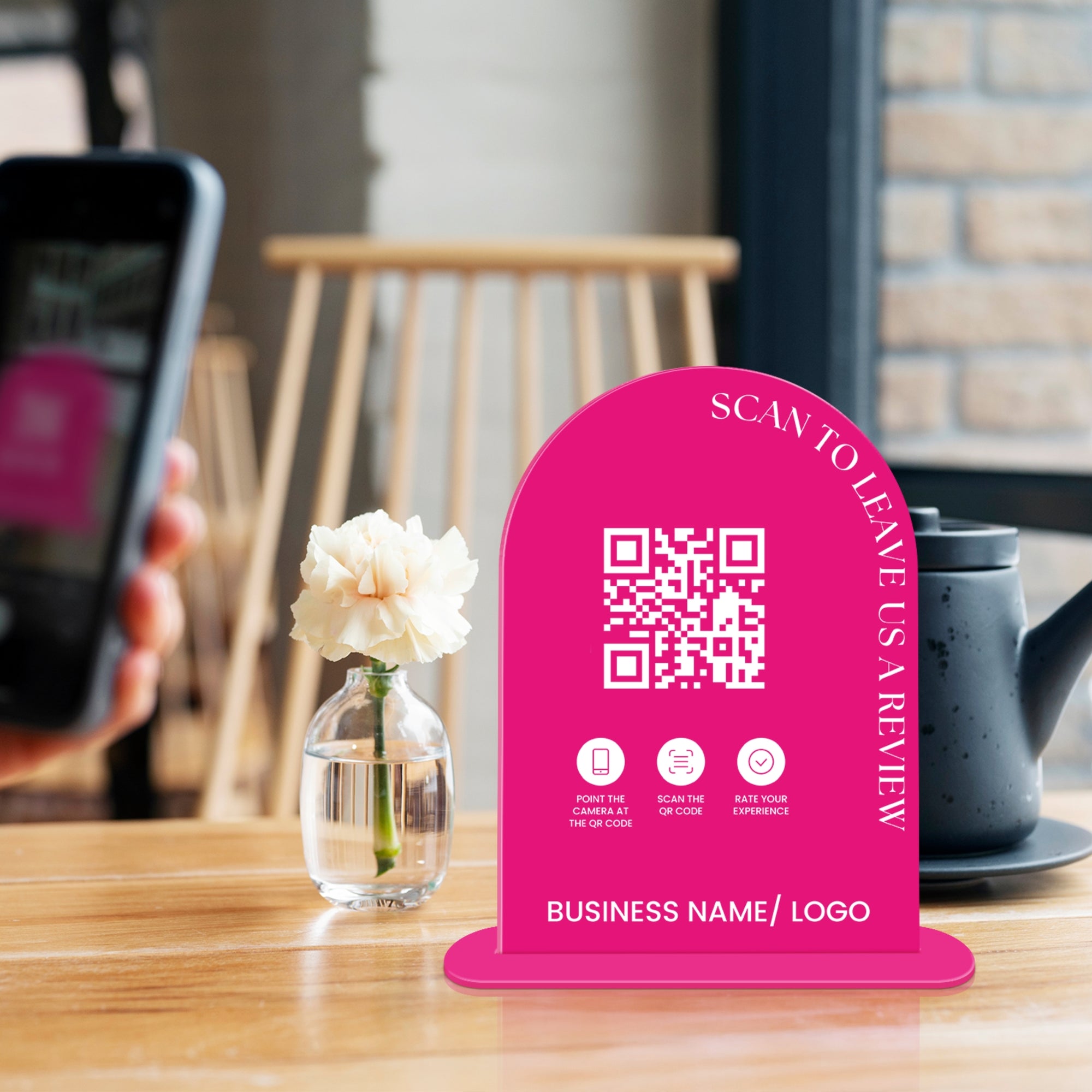 Personalised Acrylic Arch QR Code Review Us Business Sign, Custom UV Print Mirror Spa, Beauty Salon, Cafe Retail Reception Display Signage