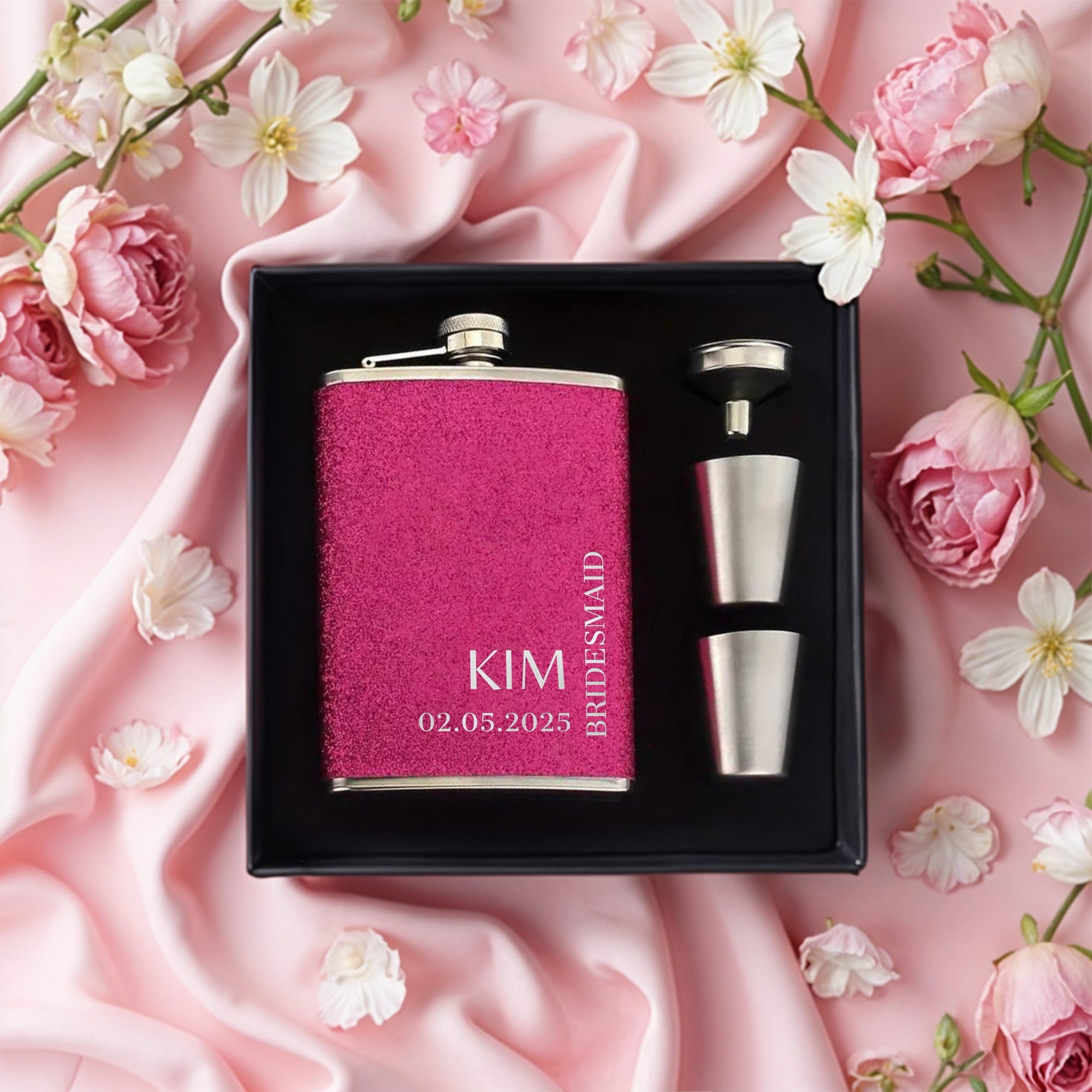 Personalised Glitter Steel 8oz Liquor Hip Flask, Funnel, Shot Glasses Set, Custom Engraved Bridesmaid Wedding Favour, Her Corporate Gift Box