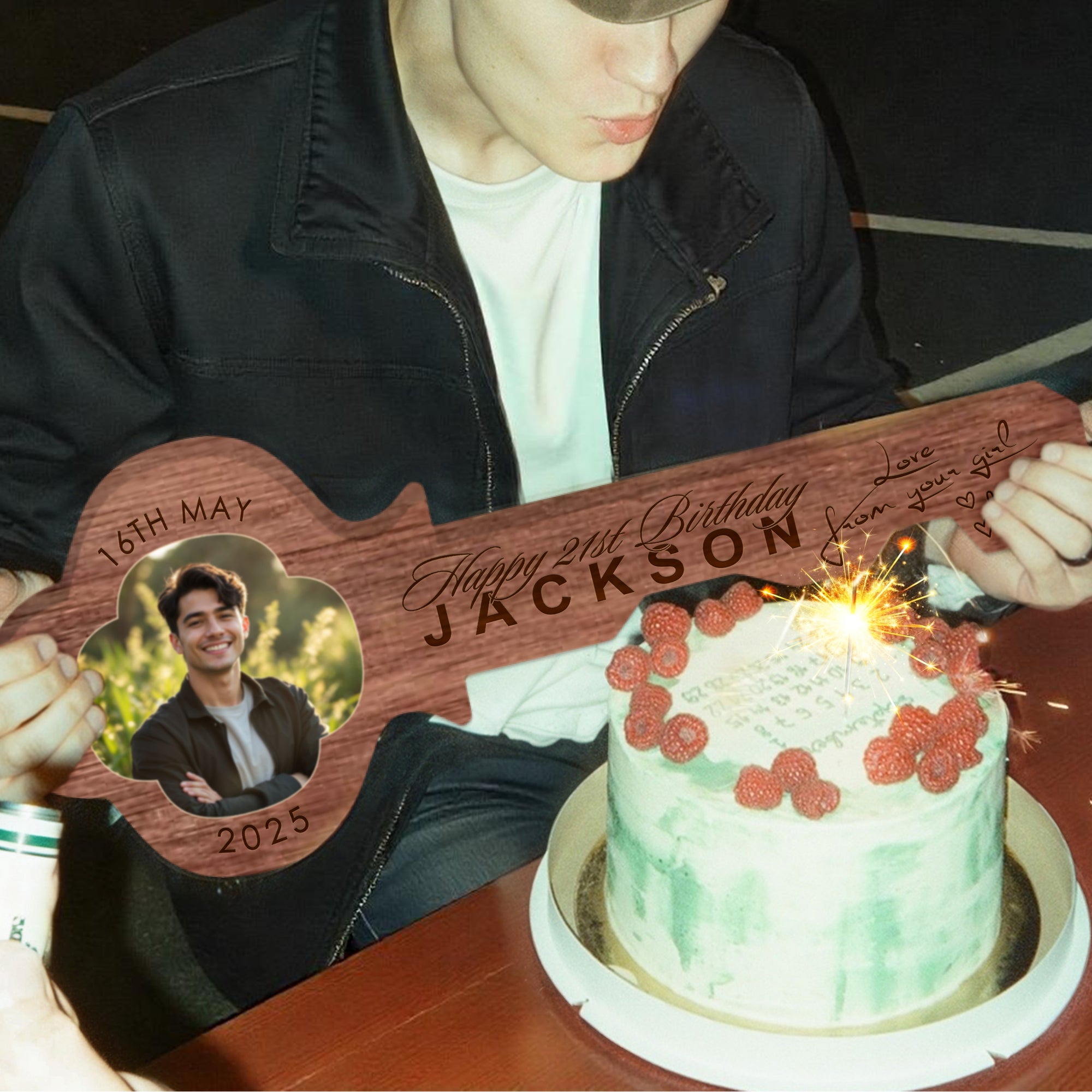Personalised Key Birthday Signing Photo Wooden Board, Custom Engraved Name, Date Guest Book Alternative, Party Decor, Laser Cut & Print Sign