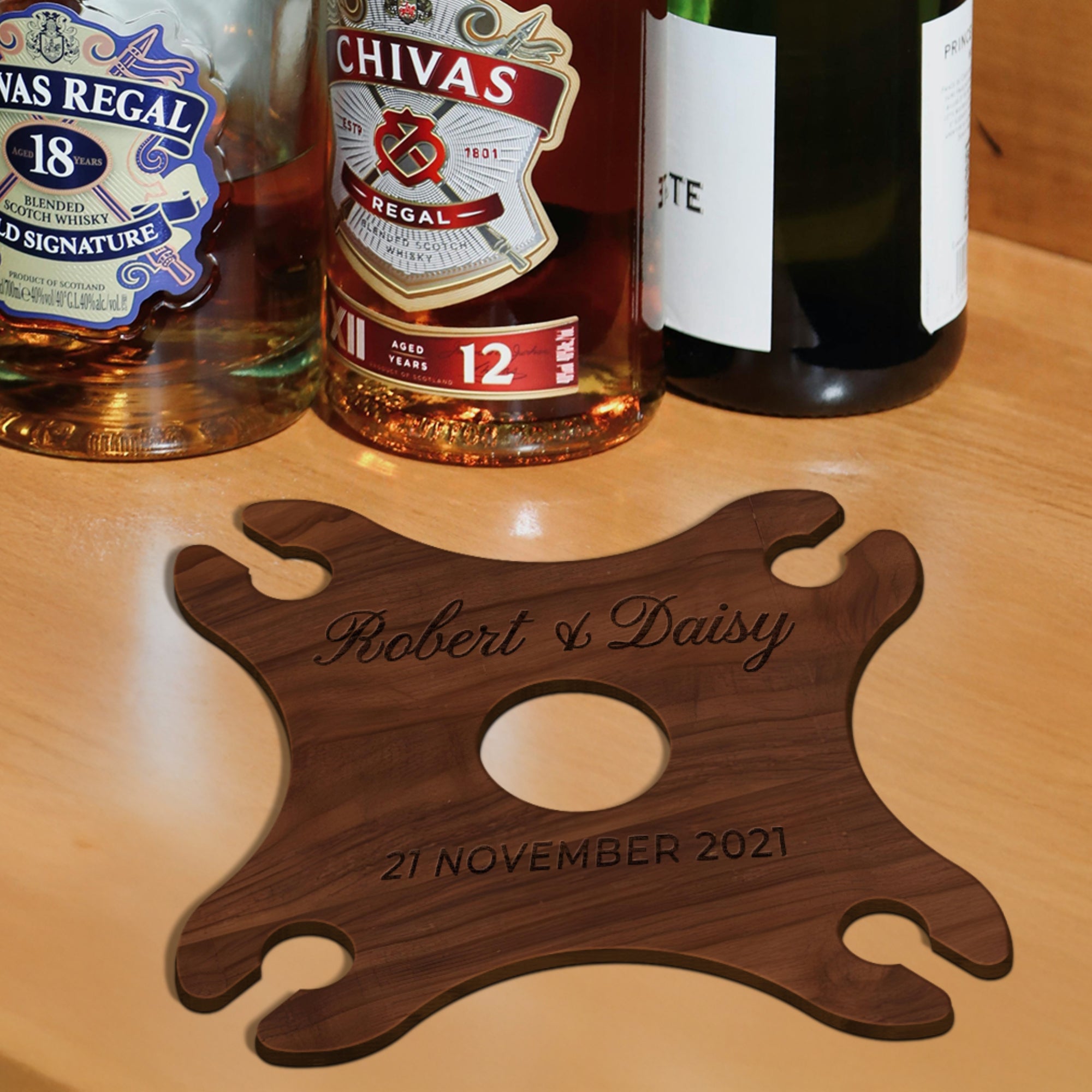 Personalised 4 Stem Glasses & Wine Holder Set, Laser Cut Wooden Bottle Caddy/ Custom Engraved Butler, Barware Anniversary, Housewarming Gift