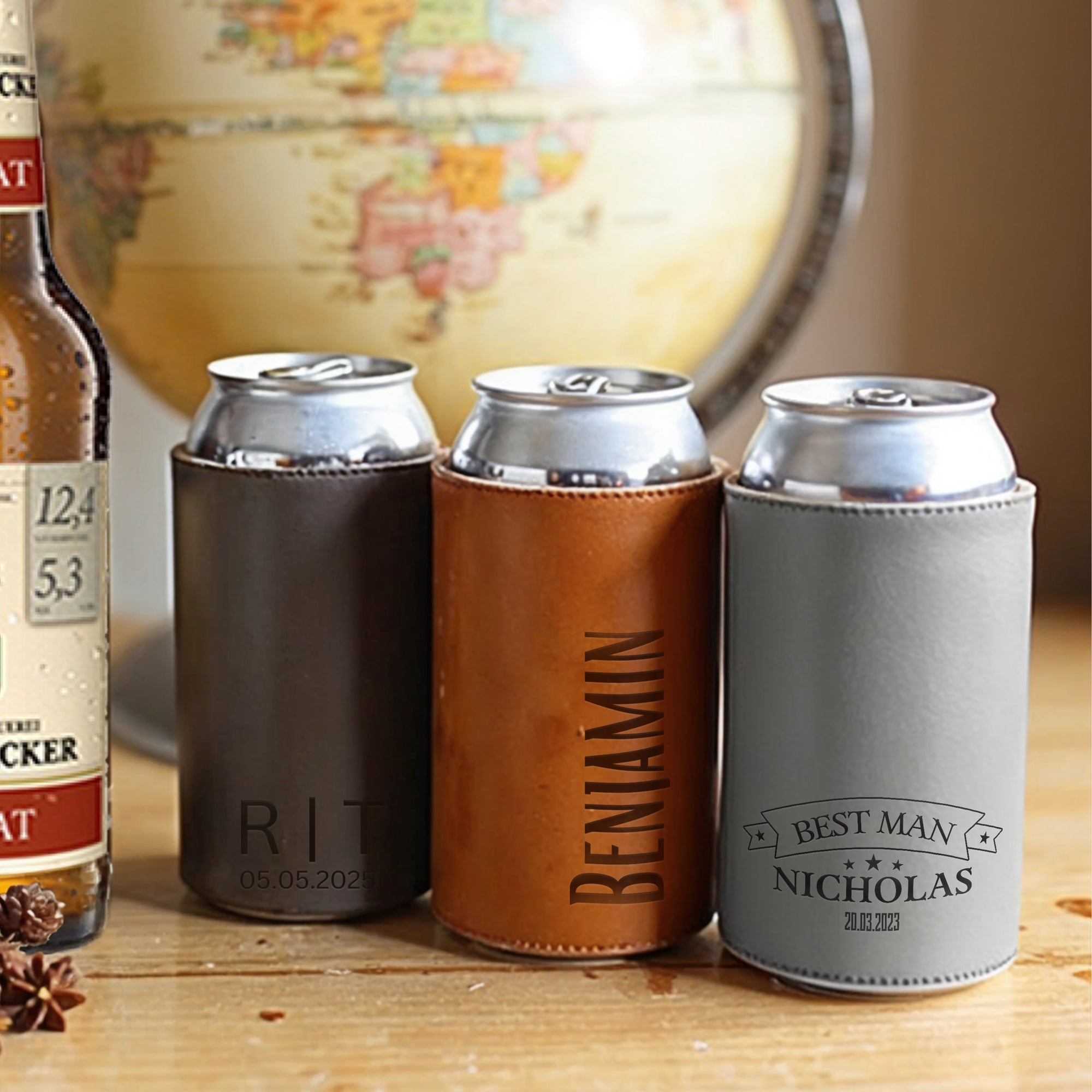 Personalised Leatherette Insulated Beer Can Stubby Holder, Custom Engraved Name Logo Bottle Cooler Sleeve, Father Gift , Groomsmen Proposal