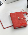 Personalised Leatherette A5 Notebook & Pen Holder, Custom Engraved Name 200 Page Business Journal, Magnetic Closure, Teacher, Corporate Gift
