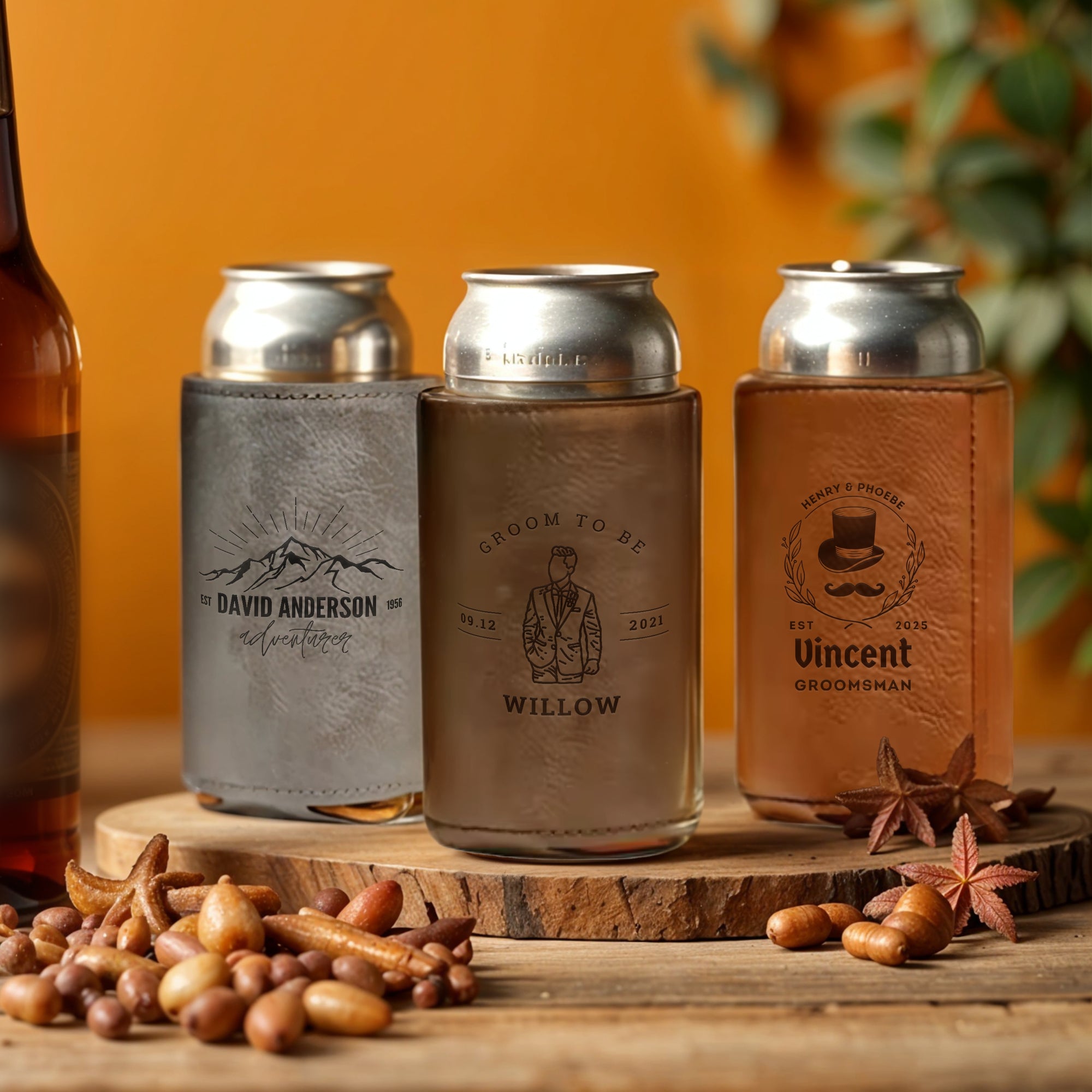 Personalised Leatherette Insulated Beer Can Stubby Holder, Custom Engraved Name Logo Bottle Cooler Sleeve, Father Gift , Groomsmen Proposal
