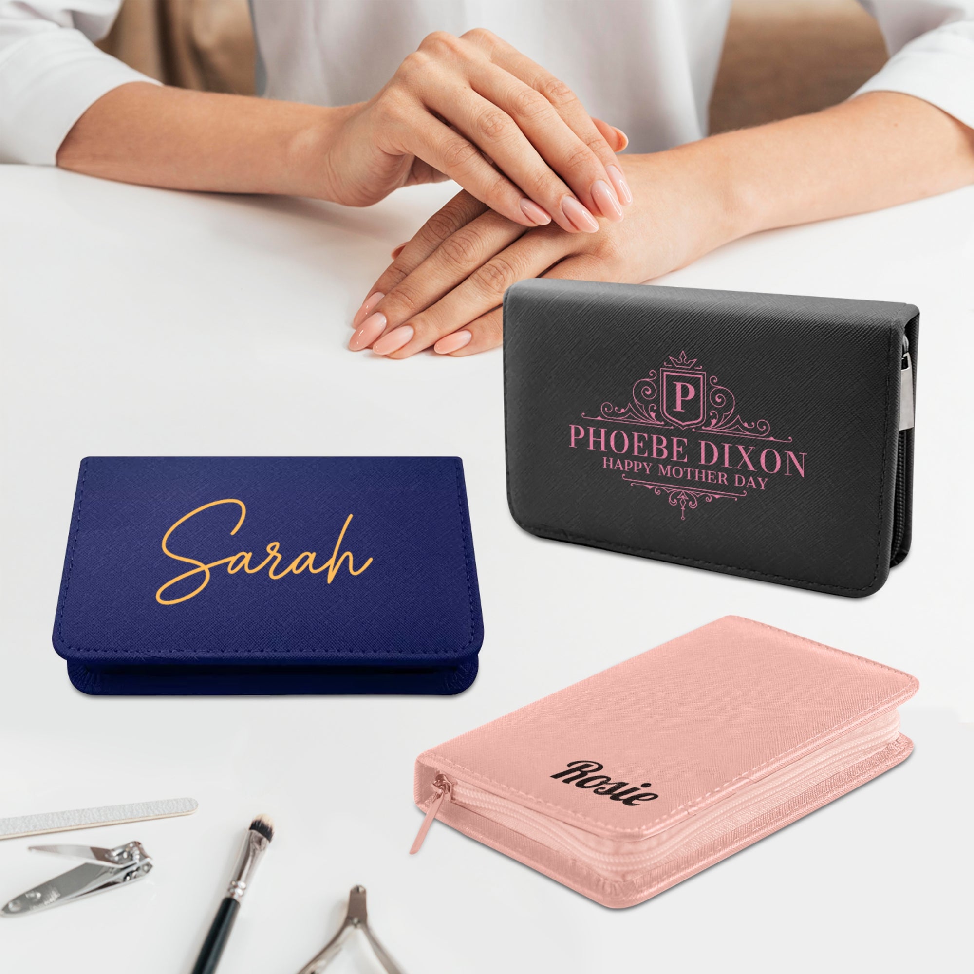 Personalised Leatherette Unisex Travel Manicure Custom UV Print Logo Portable Nail Grooming Set, Personal Tools Storage Case Bridesmaid Gift