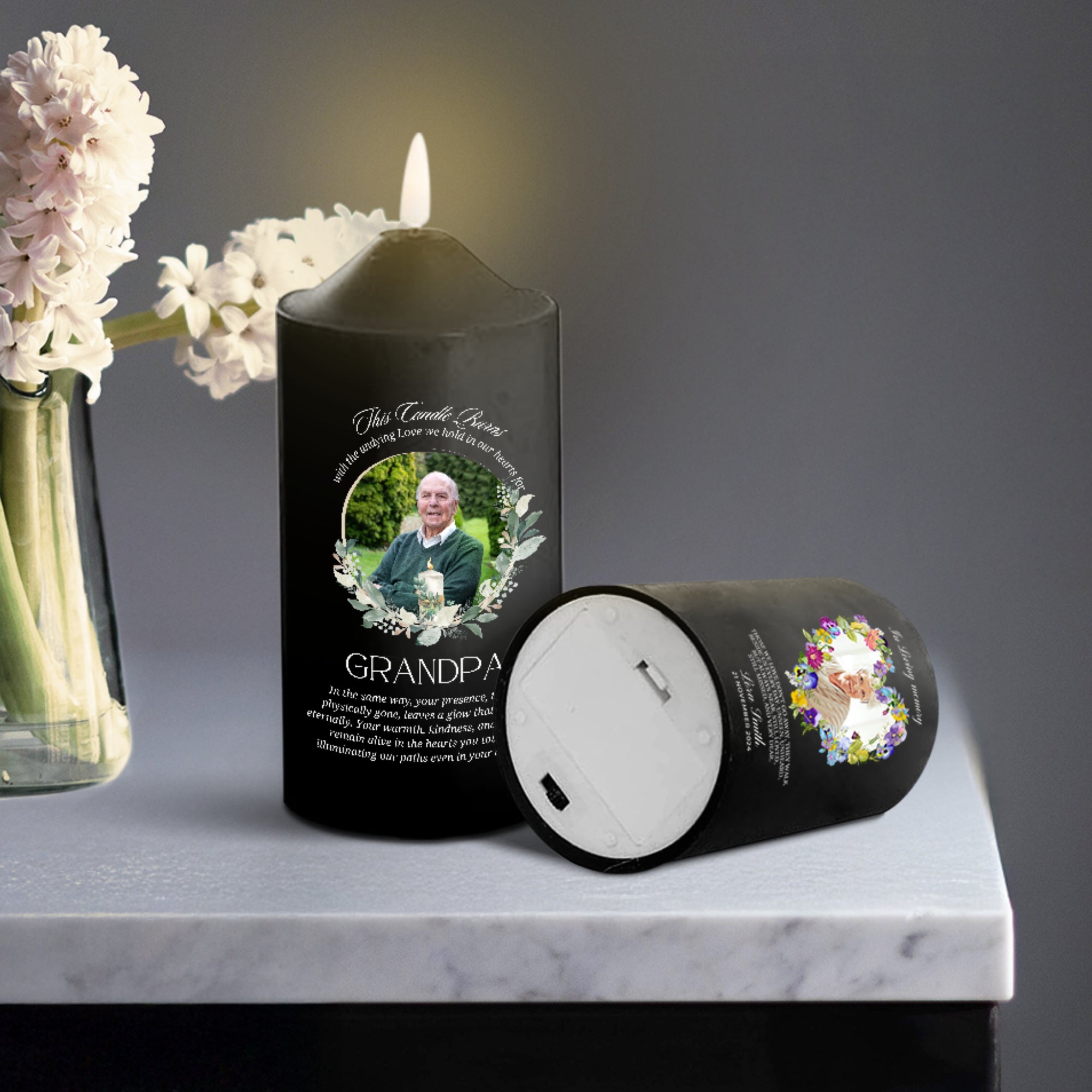 Personalised UV Print In Loving Memory Wax LED Candle, Custom Memorial Photo Black Flame Pillar, Pet Sympathy Gift Funeral Ceremony Keepsake
