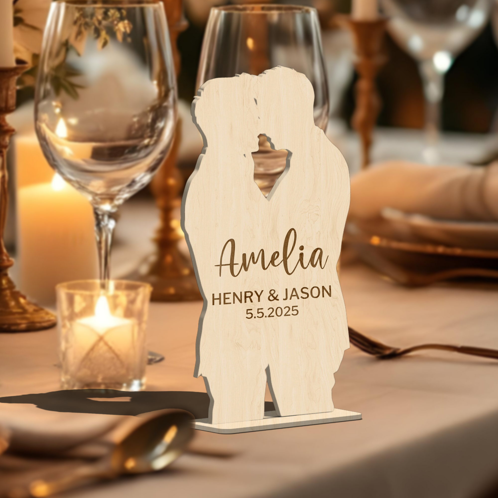 Personalised Mirror Acrylic/ Wooden Wedding Gay Couple Silhouette Place Settings, Custom Etched Table Card, Party Favour Thank you Gift Tag