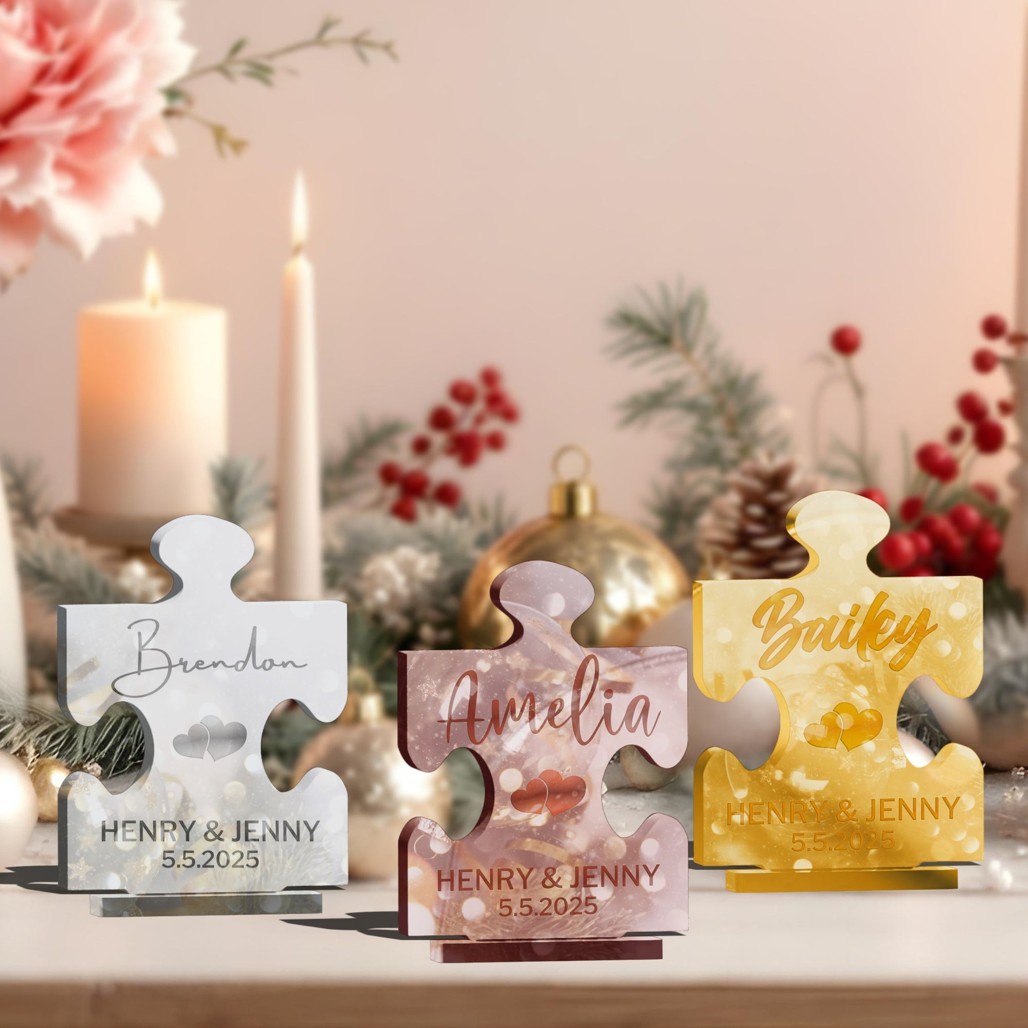 Personalised Mirror Acrylic/ Wooden Puzzle Piece Wedding Name Place Settings, Custom Etched Table Card Party Favour Thank you Gift Tag Decor